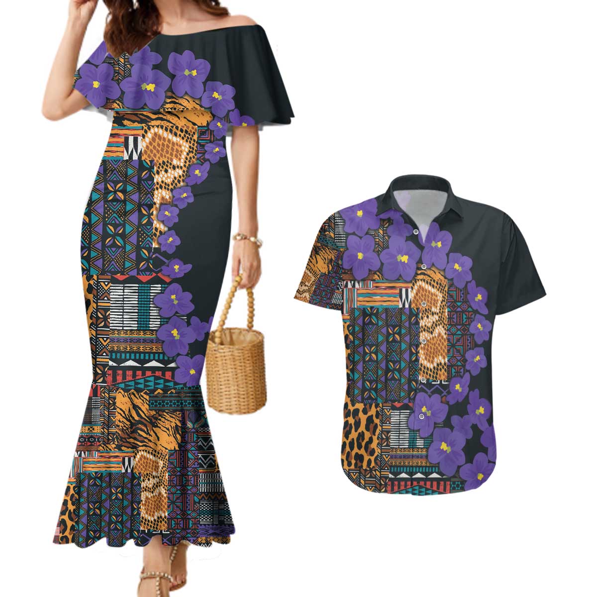 Africa Violets Flowers Couples Matching Mermaid Dress and Hawaiian Shirt Mix Native Tribal Pattern LT9 - Wonder Print Shop