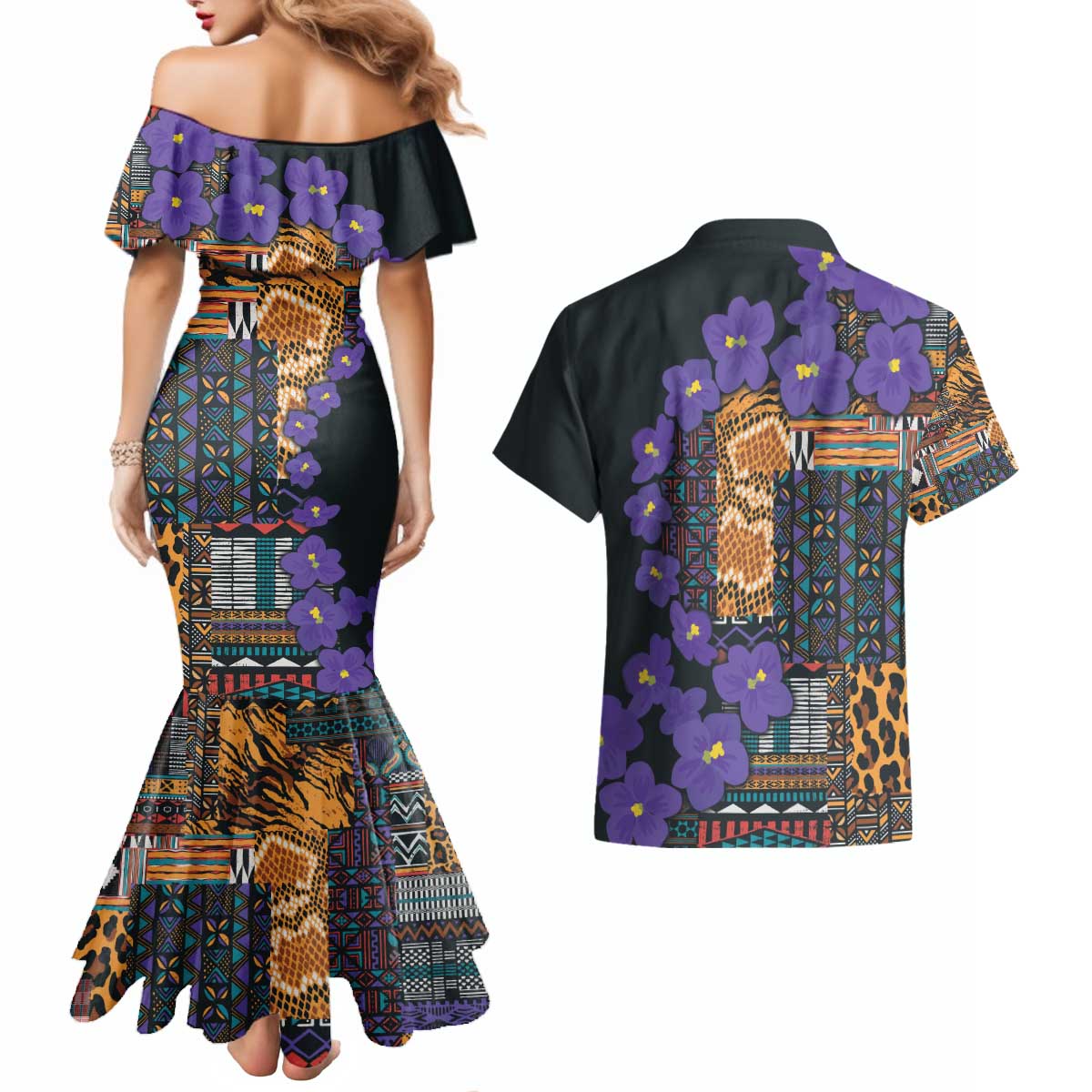 Africa Violets Flowers Couples Matching Mermaid Dress and Hawaiian Shirt Mix Native Tribal Pattern LT9 - Wonder Print Shop