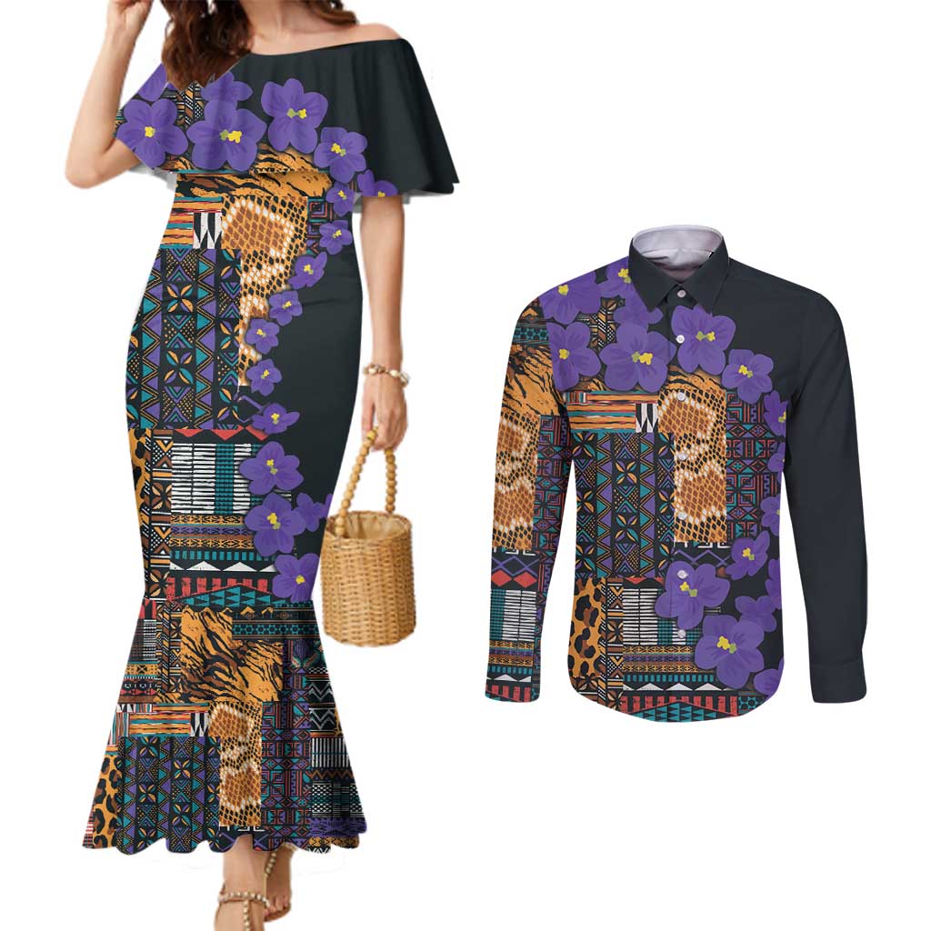 Africa Violets Flowers Couples Matching Mermaid Dress and Long Sleeve Button Shirt Mix Native Tribal Pattern