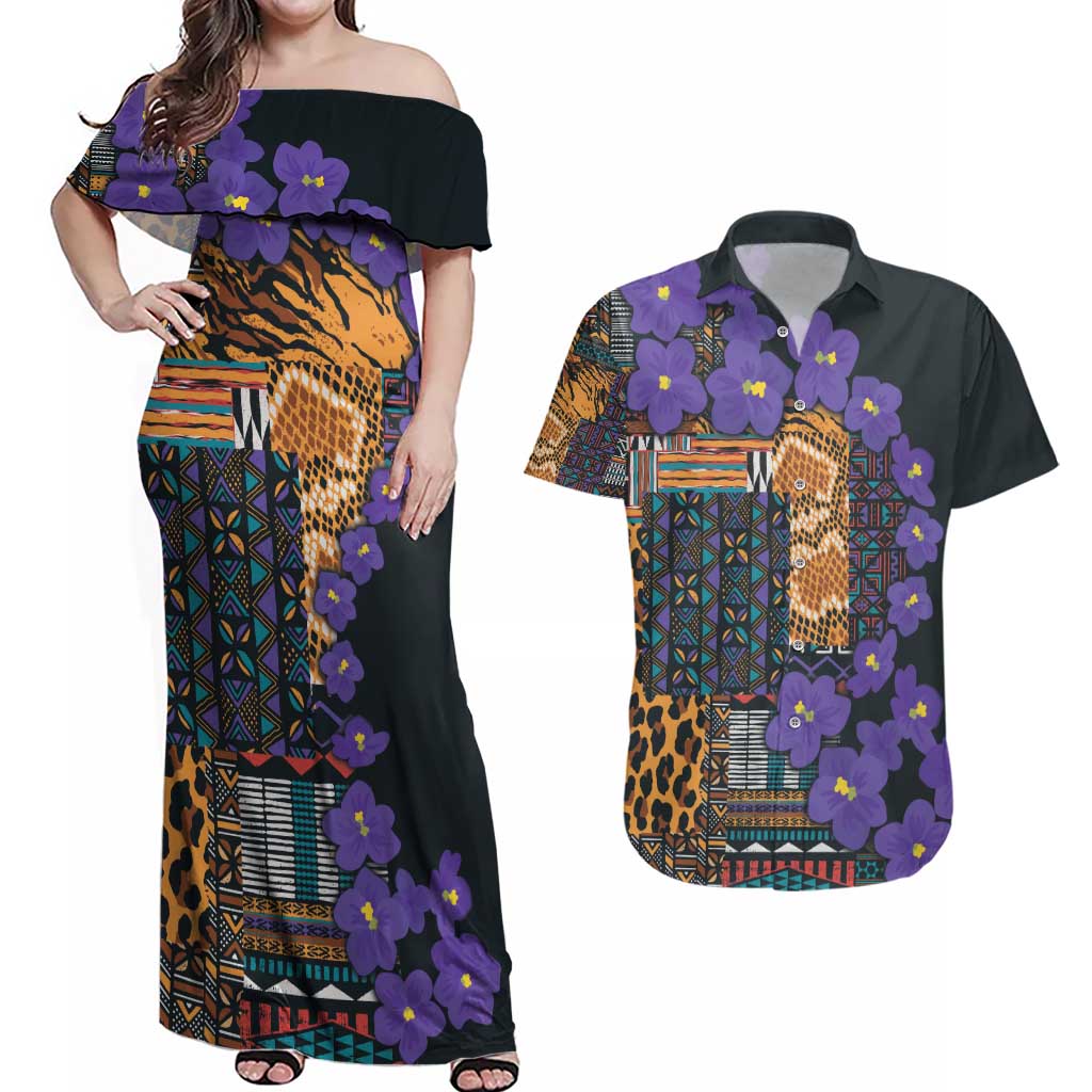 Africa Violets Flowers Couples Matching Off Shoulder Maxi Dress and Hawaiian Shirt Mix Native Tribal Pattern LT9 - Wonder Print Shop