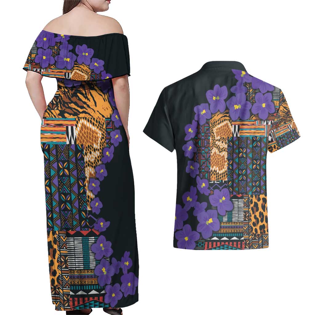 Africa Violets Flowers Couples Matching Off Shoulder Maxi Dress and Hawaiian Shirt Mix Native Tribal Pattern LT9 - Wonder Print Shop