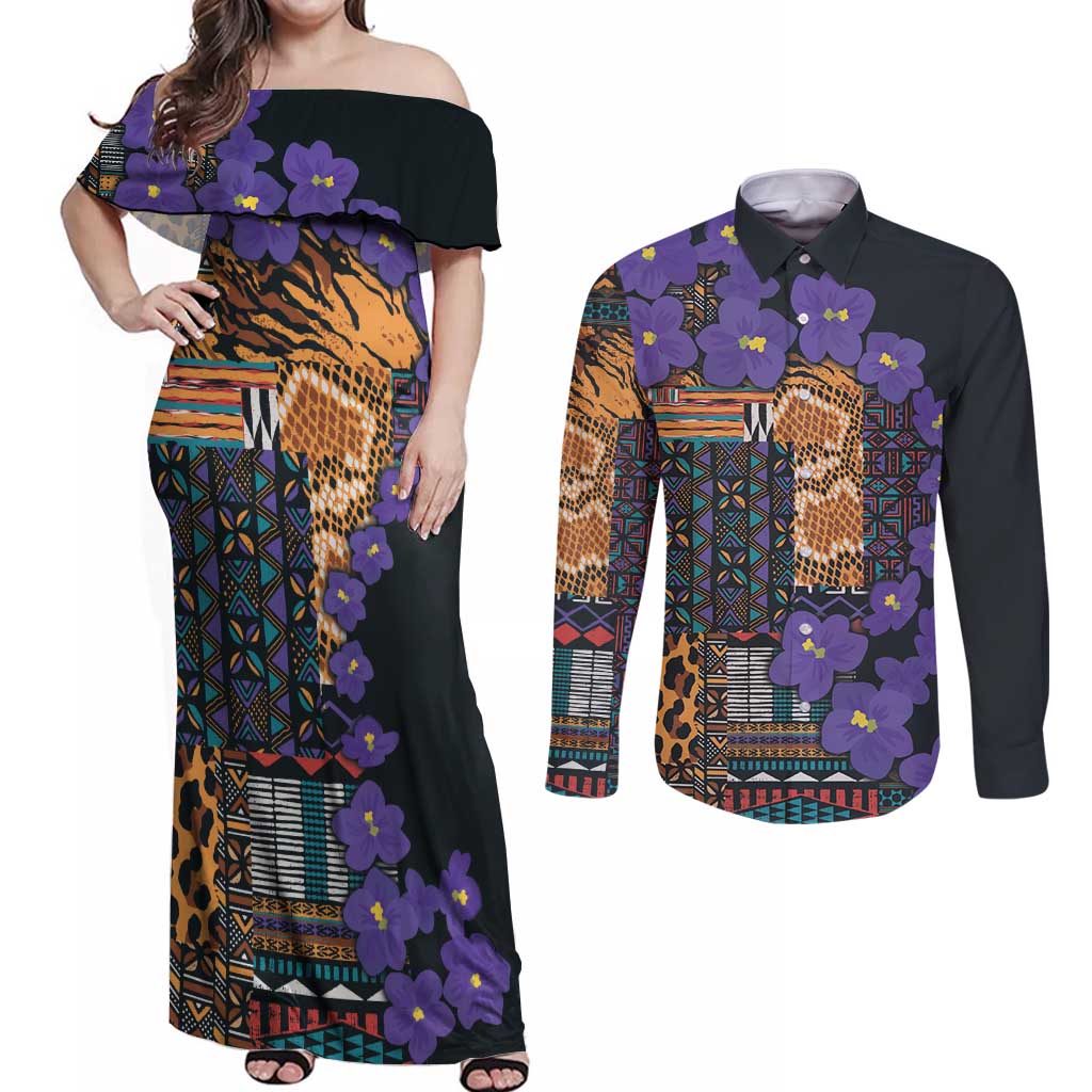 Africa Violets Flowers Couples Matching Off Shoulder Maxi Dress and Long Sleeve Button Shirt Mix Native Tribal Pattern LT9 - Wonder Print Shop