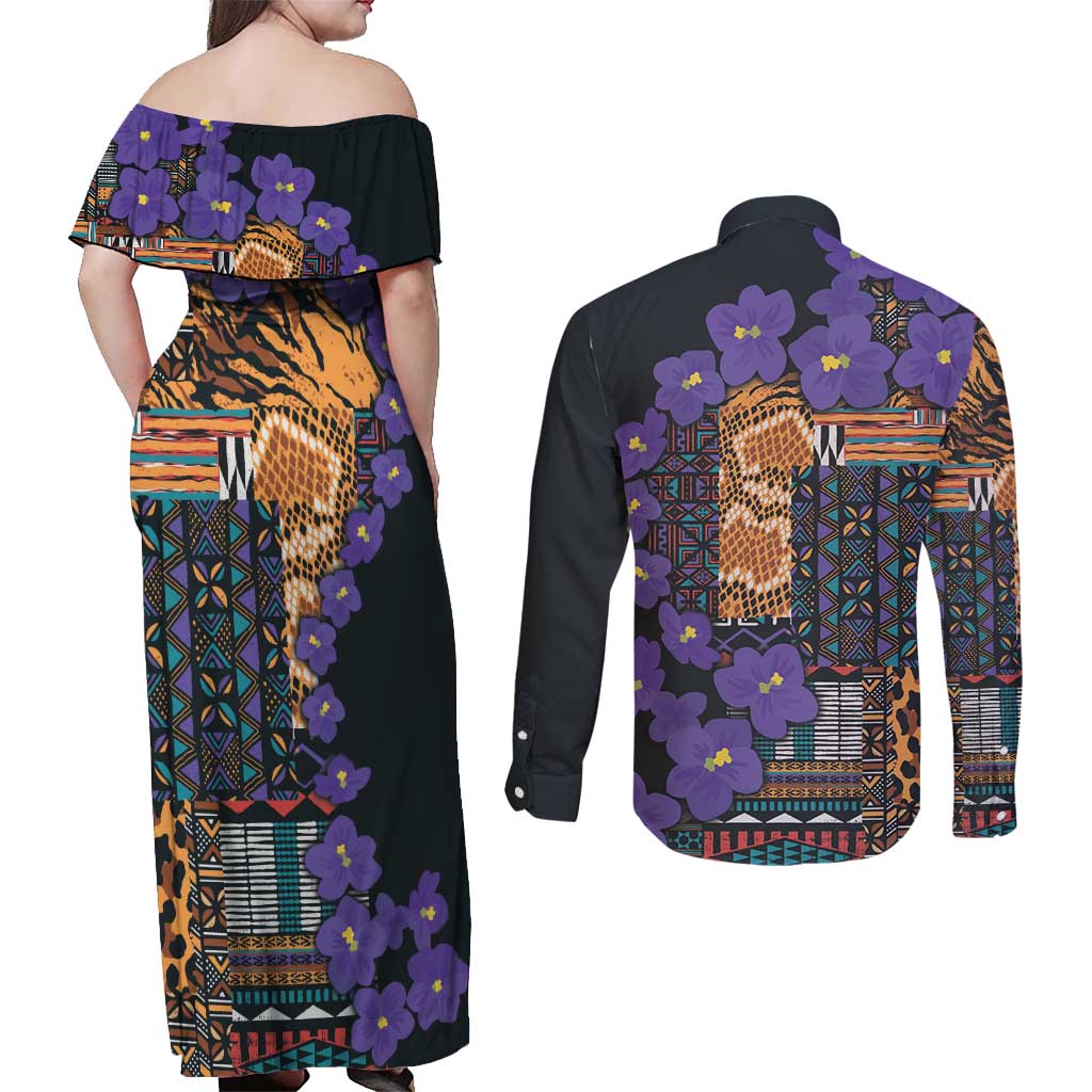 Africa Violets Flowers Couples Matching Off Shoulder Maxi Dress and Long Sleeve Button Shirt Mix Native Tribal Pattern LT9 - Wonder Print Shop