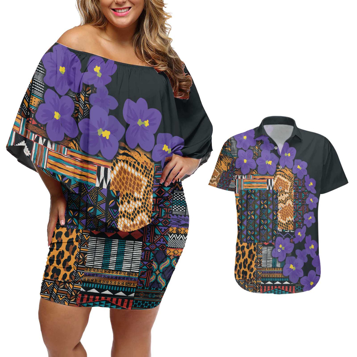 Africa Violets Flowers Couples Matching Off Shoulder Short Dress and Hawaiian Shirt Mix Native Tribal Pattern LT9 - Wonder Print Shop