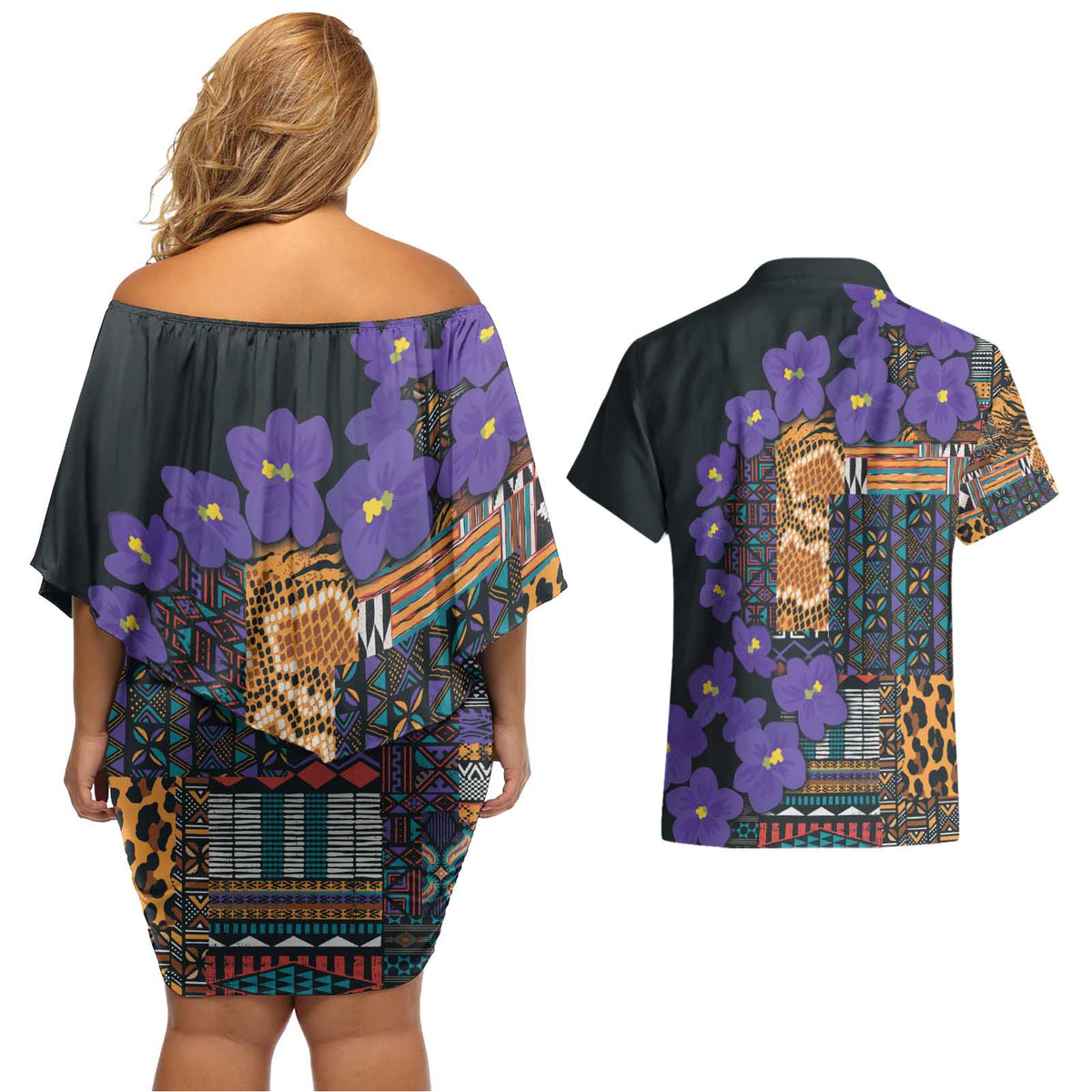 Africa Violets Flowers Couples Matching Off Shoulder Short Dress and Hawaiian Shirt Mix Native Tribal Pattern LT9 - Wonder Print Shop