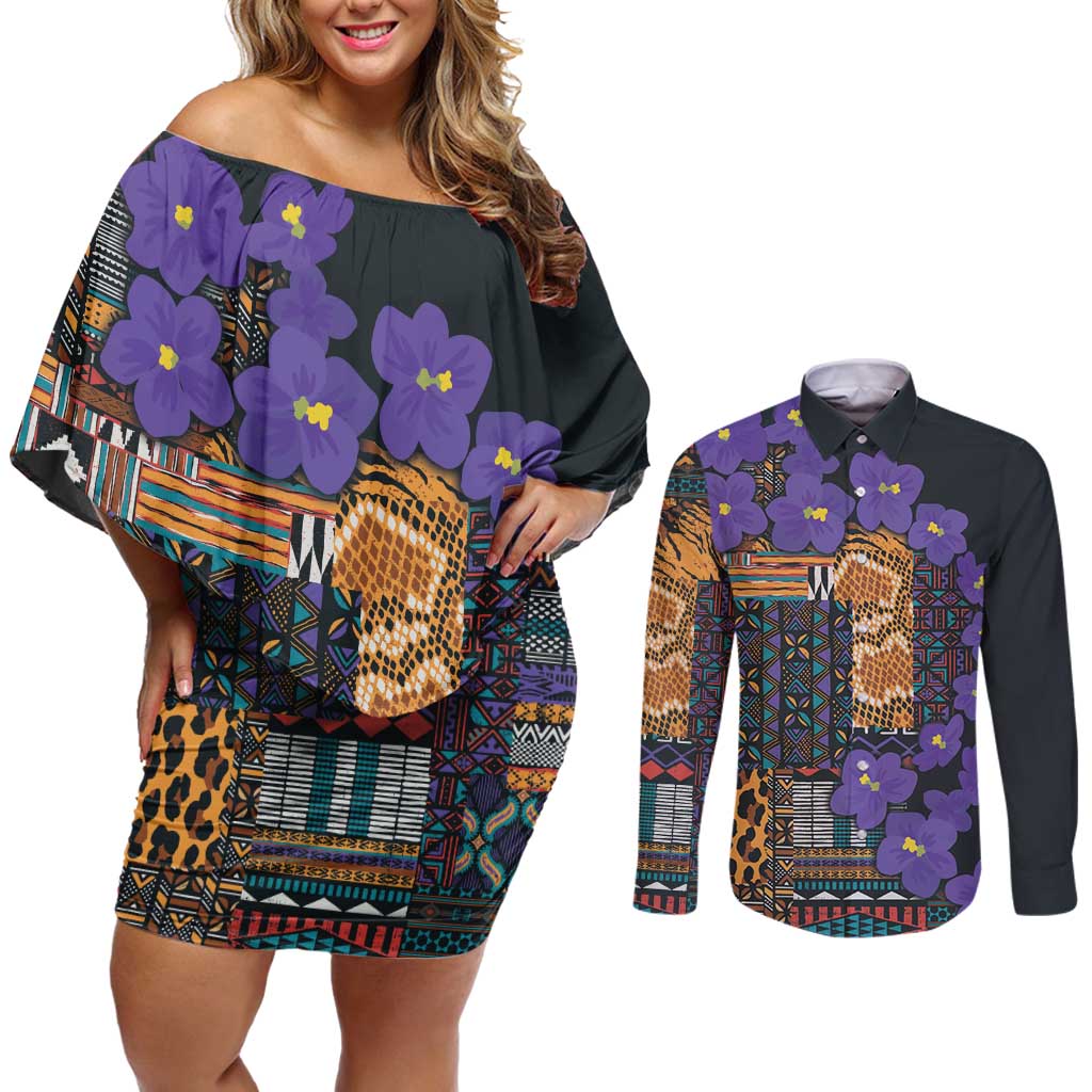 Africa Violets Flowers Couples Matching Off Shoulder Short Dress and Long Sleeve Button Shirt Mix Native Tribal Pattern LT9 - Wonder Print Shop