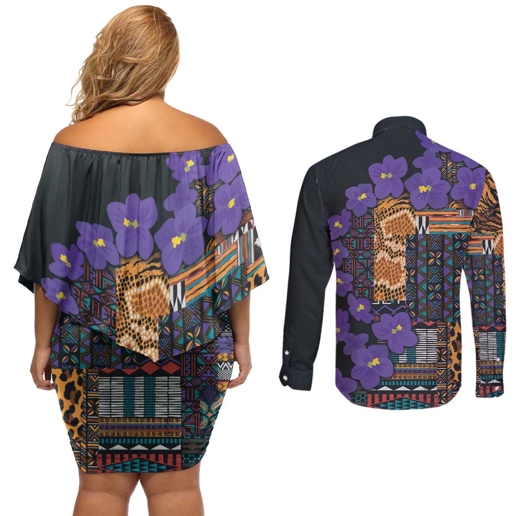 Africa Violets Flowers Couples Matching Off Shoulder Short Dress and Long Sleeve Button Shirt Mix Native Tribal Pattern LT9 - Wonder Print Shop