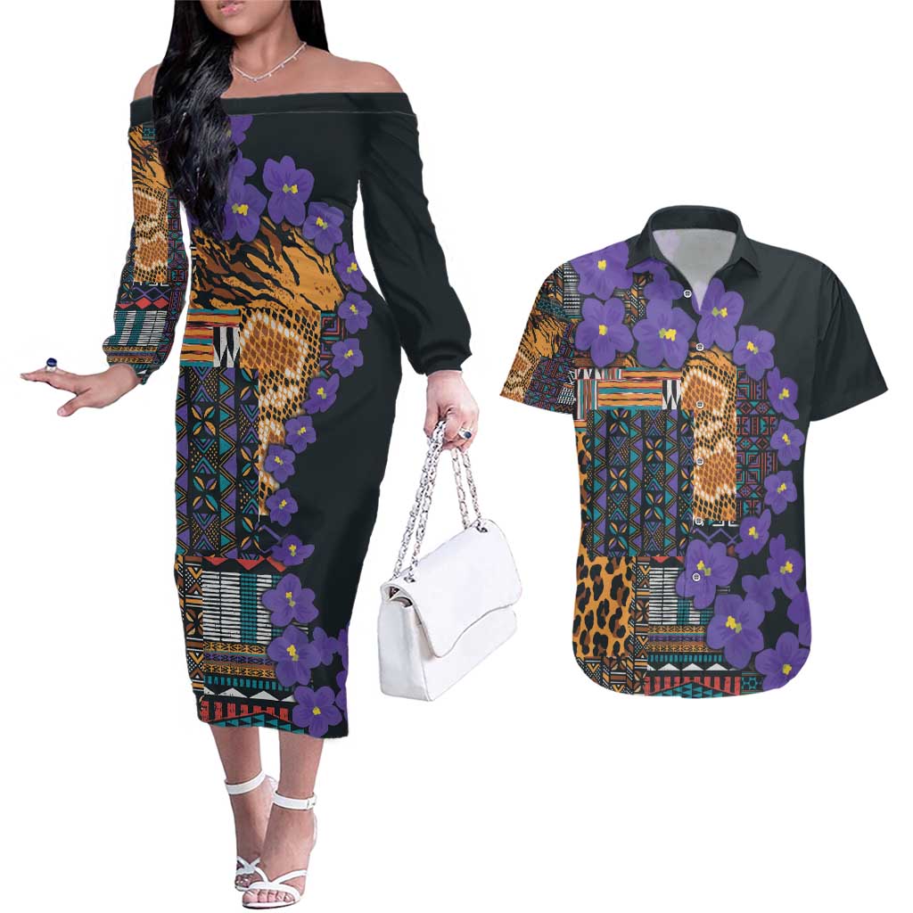 Africa Violets Flowers Couples Matching Off The Shoulder Long Sleeve Dress and Hawaiian Shirt Mix Native Tribal Pattern LT9 - Wonder Print Shop