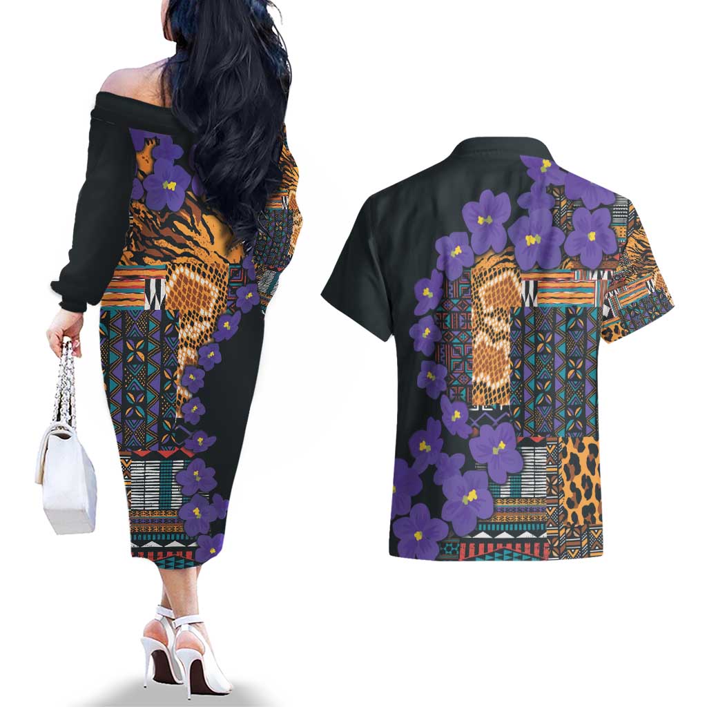 Africa Violets Flowers Couples Matching Off The Shoulder Long Sleeve Dress and Hawaiian Shirt Mix Native Tribal Pattern LT9 - Wonder Print Shop