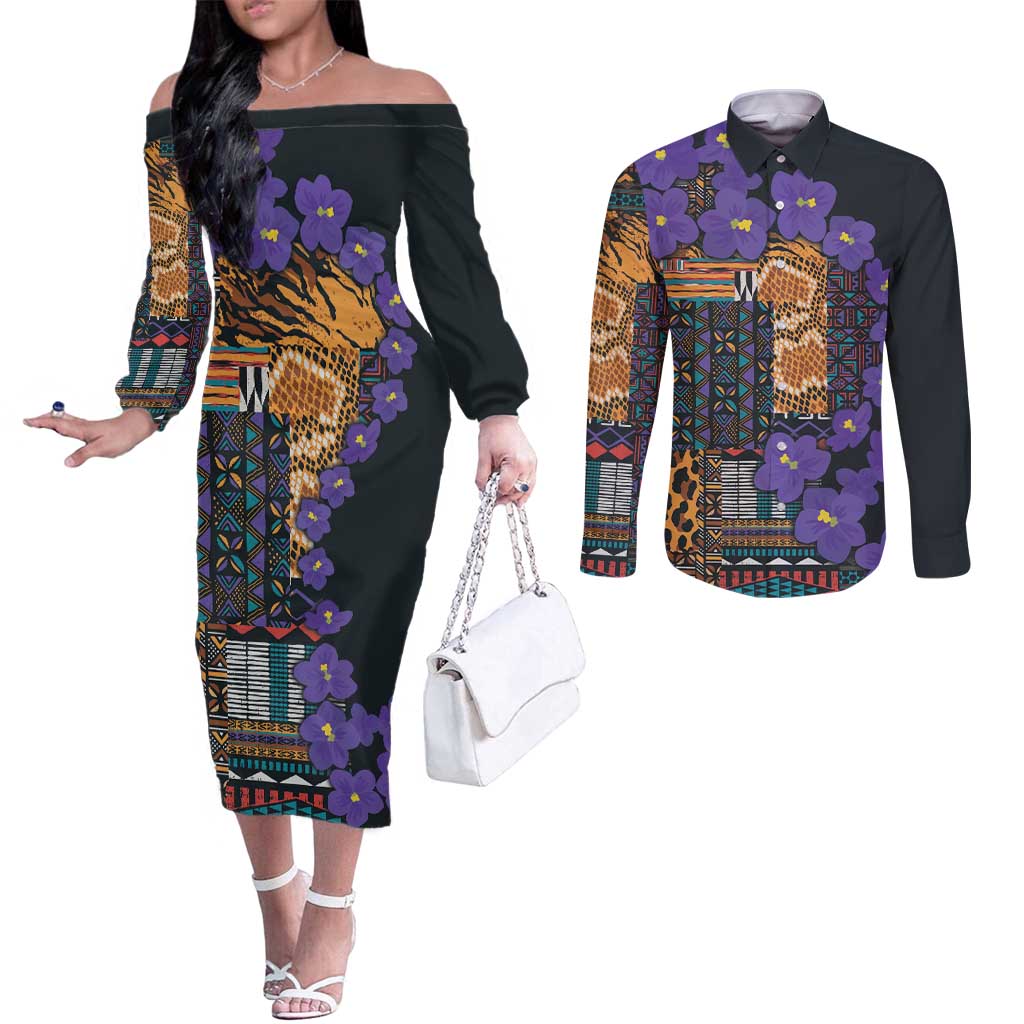Africa Violets Flowers Couples Matching Off The Shoulder Long Sleeve Dress and Long Sleeve Button Shirt Mix Native Tribal Pattern