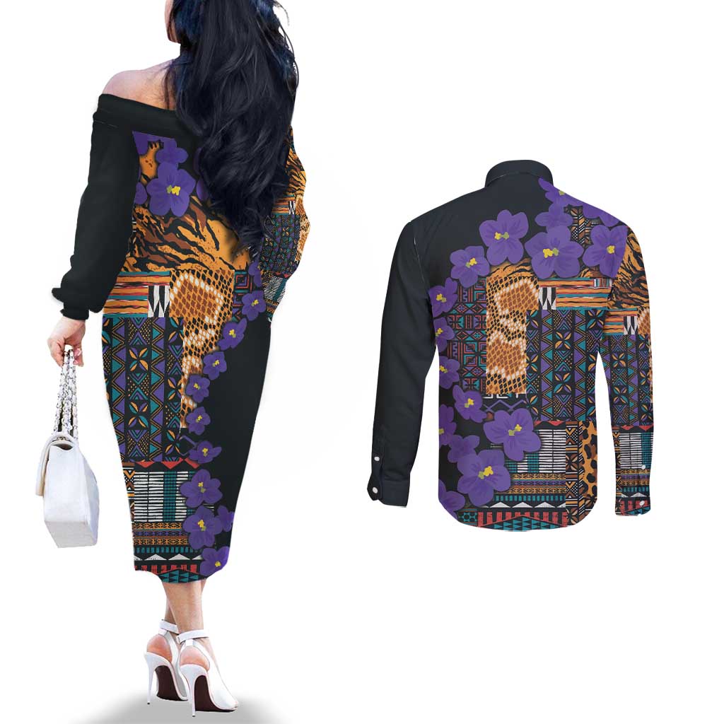Africa Violets Flowers Couples Matching Off The Shoulder Long Sleeve Dress and Long Sleeve Button Shirt Mix Native Tribal Pattern