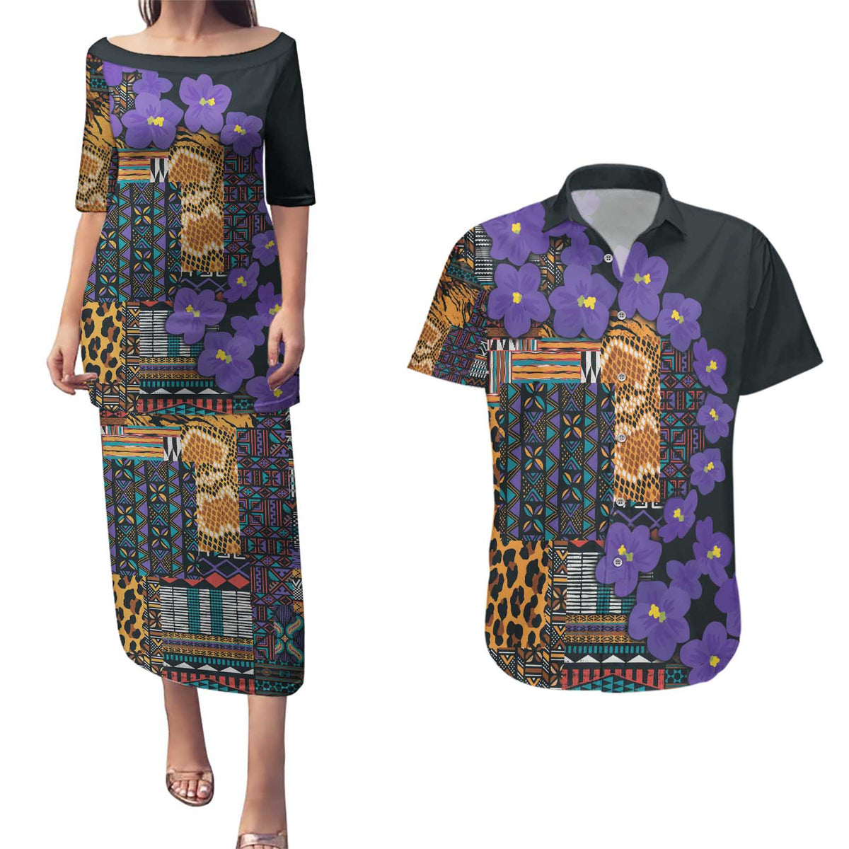 Africa Violets Flowers Couples Matching Puletasi and Hawaiian Shirt Mix Native Tribal Pattern LT9 - Wonder Print Shop