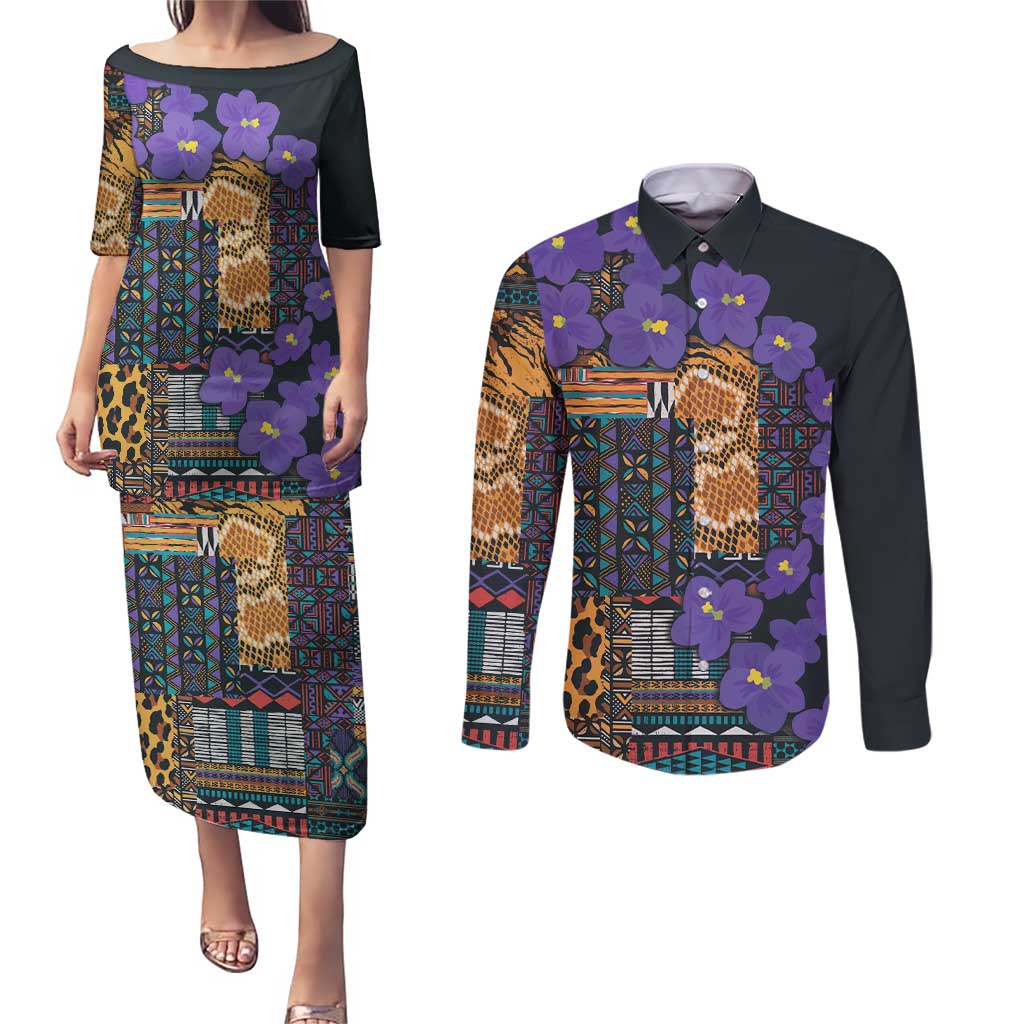 Africa Violets Flowers Couples Matching Puletasi and Long Sleeve Button Shirt Mix Native Tribal Pattern LT9 - Wonder Print Shop