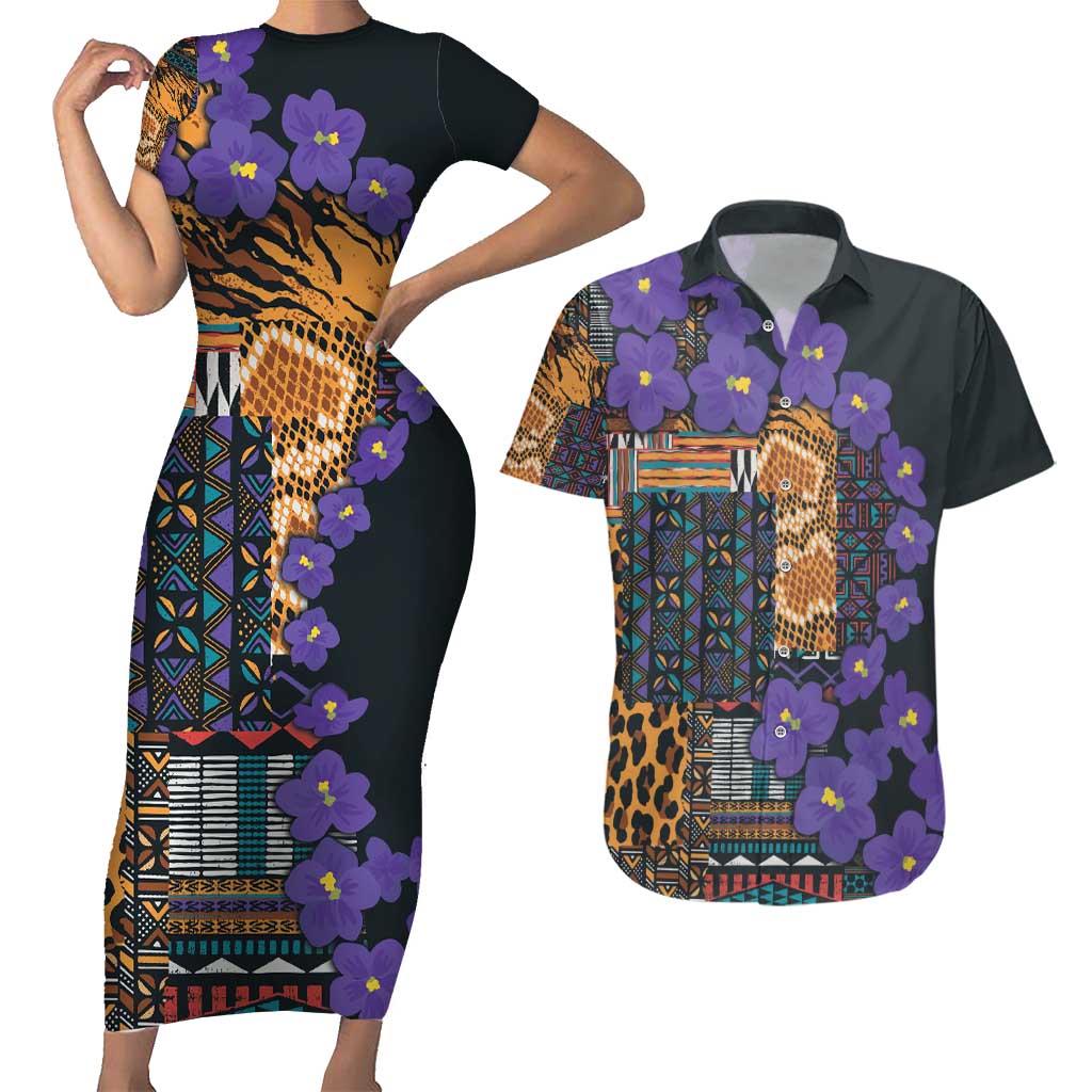 Africa Violets Flowers Couples Matching Short Sleeve Bodycon Dress and Hawaiian Shirt Mix Native Tribal Pattern LT9 - Wonder Print Shop
