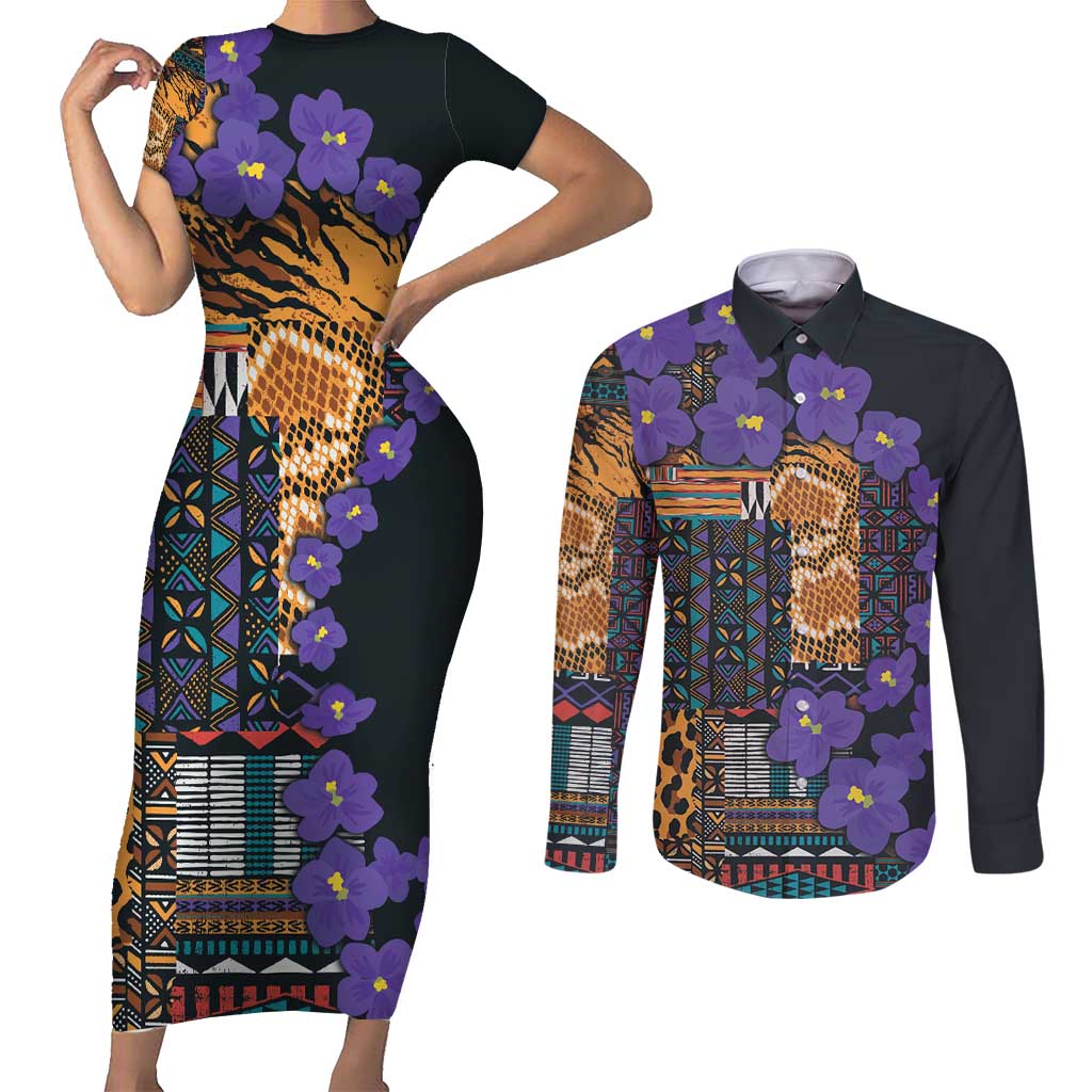 Africa Violets Flowers Couples Matching Short Sleeve Bodycon Dress and Long Sleeve Button Shirt Mix Native Tribal Pattern LT9 - Wonder Print Shop