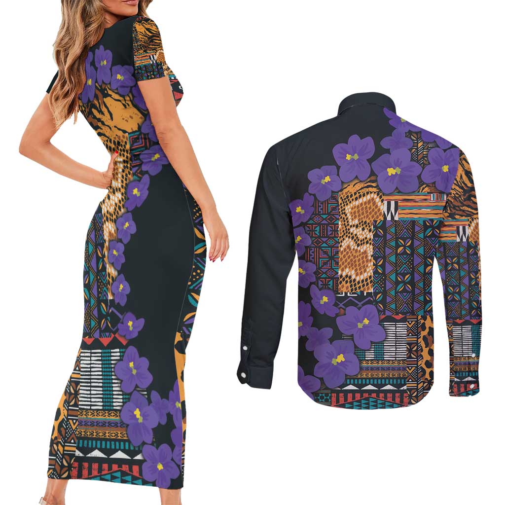 Africa Violets Flowers Couples Matching Short Sleeve Bodycon Dress and Long Sleeve Button Shirt Mix Native Tribal Pattern LT9 - Wonder Print Shop