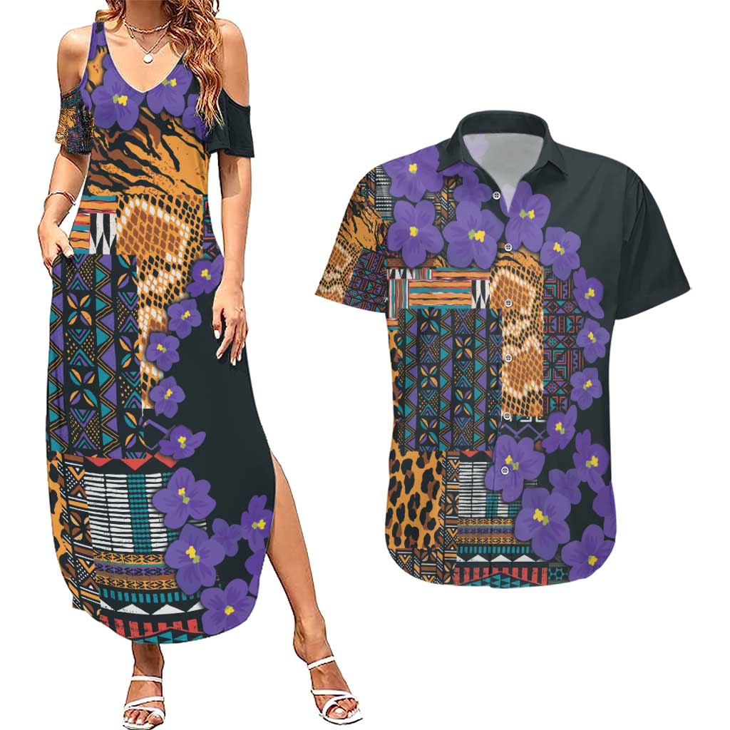 Africa Violets Flowers Couples Matching Summer Maxi Dress and Hawaiian Shirt Mix Native Tribal Pattern LT9 - Wonder Print Shop