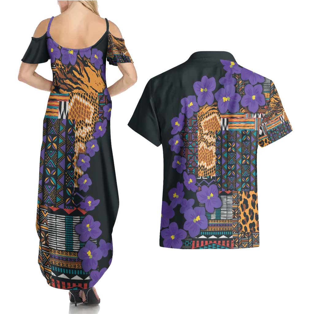 Africa Violets Flowers Couples Matching Summer Maxi Dress and Hawaiian Shirt Mix Native Tribal Pattern LT9 - Wonder Print Shop