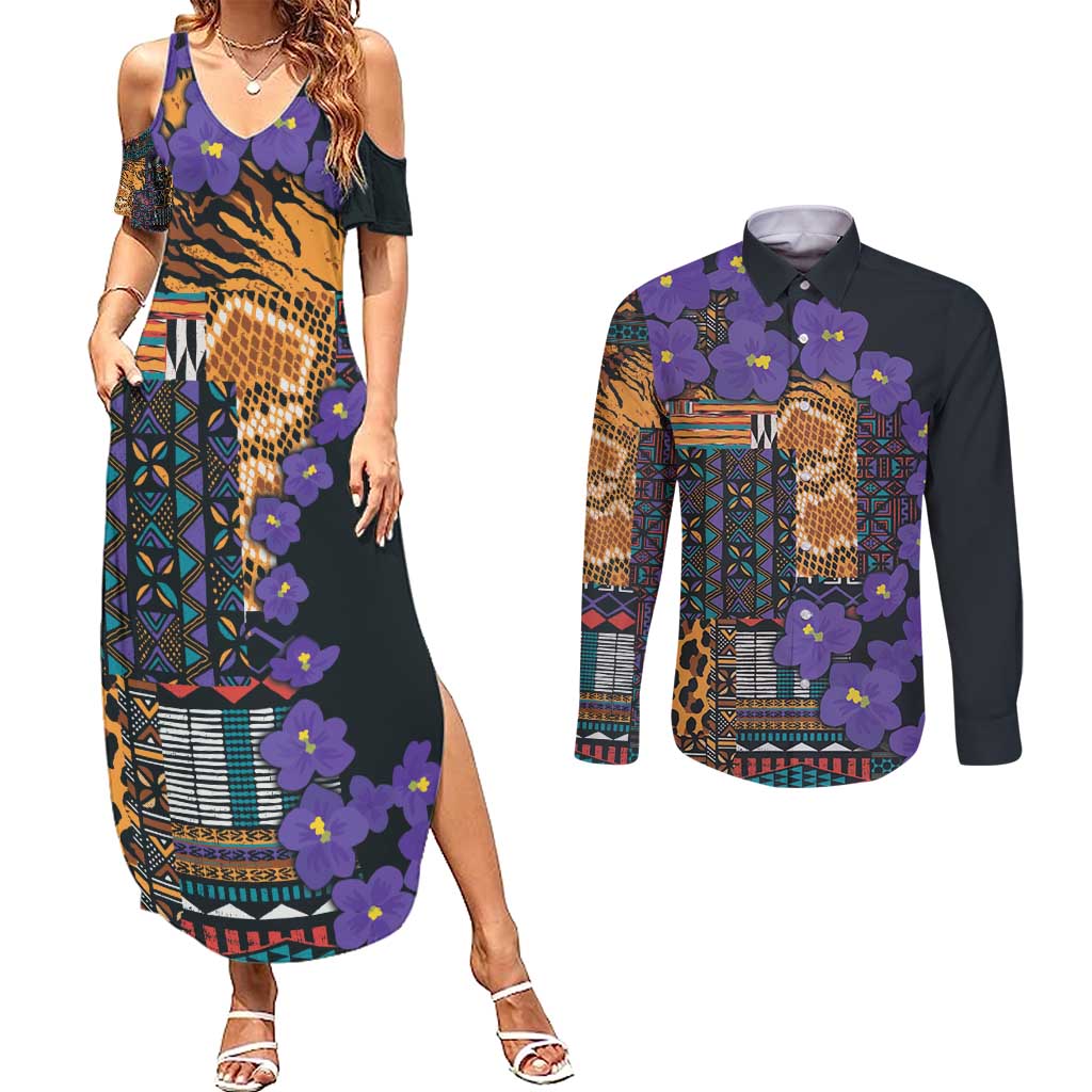 Africa Violets Flowers Couples Matching Summer Maxi Dress and Long Sleeve Button Shirt Mix Native Tribal Pattern LT9 - Wonder Print Shop