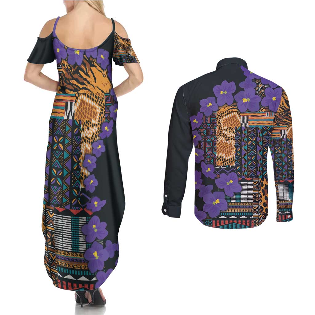 Africa Violets Flowers Couples Matching Summer Maxi Dress and Long Sleeve Button Shirt Mix Native Tribal Pattern LT9 - Wonder Print Shop
