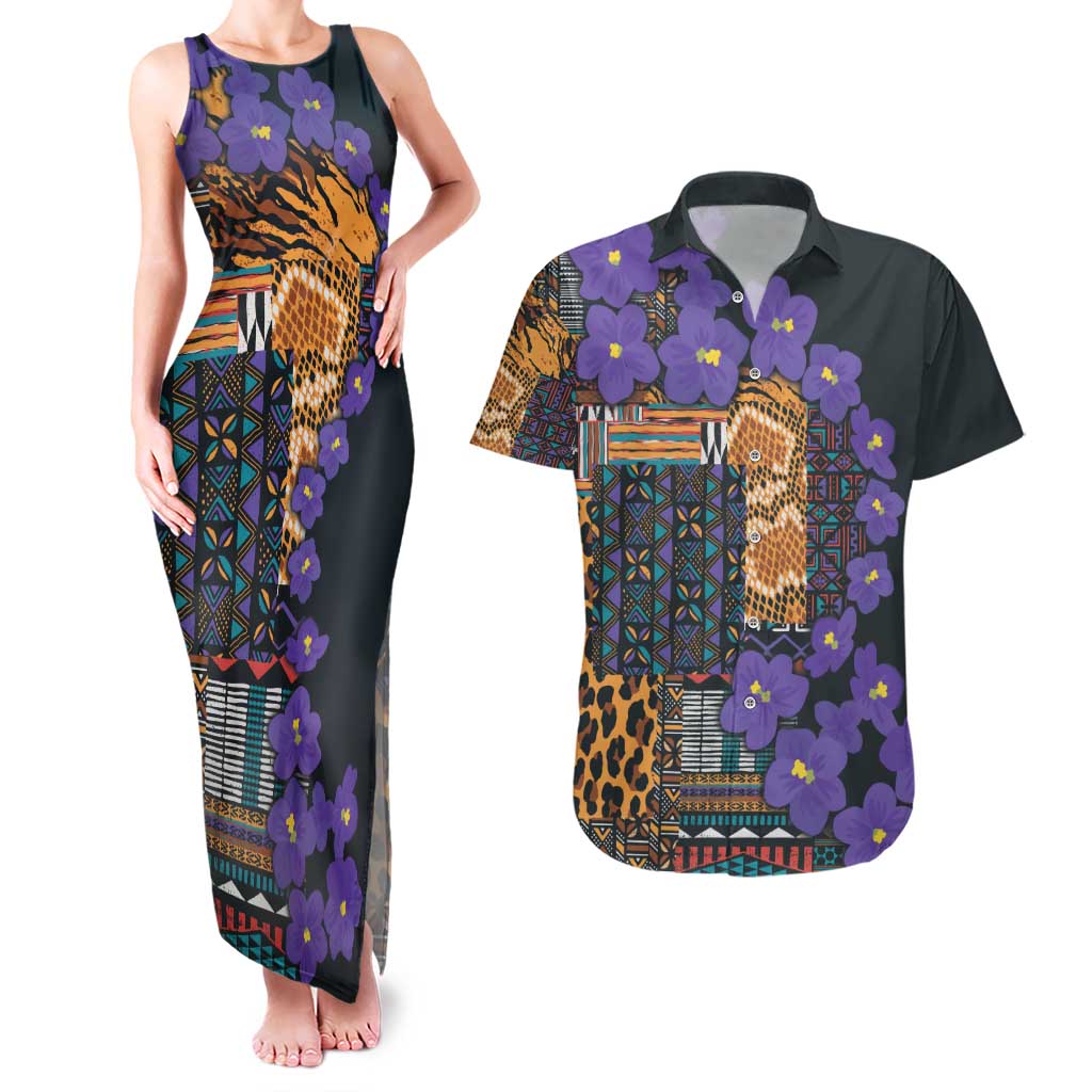 Africa Violets Flowers Couples Matching Tank Maxi Dress and Hawaiian Shirt Mix Native Tribal Pattern LT9 - Wonder Print Shop