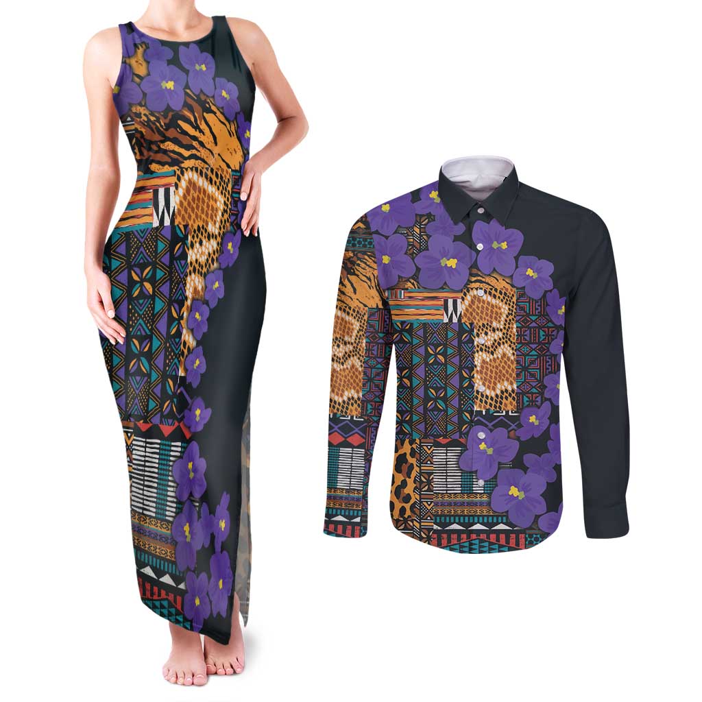 Africa Violets Flowers Couples Matching Tank Maxi Dress and Long Sleeve Button Shirt Mix Native Tribal Pattern LT9 - Wonder Print Shop