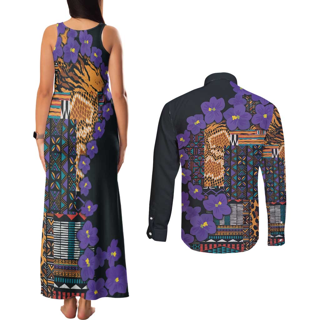 Africa Violets Flowers Couples Matching Tank Maxi Dress and Long Sleeve Button Shirt Mix Native Tribal Pattern LT9 - Wonder Print Shop