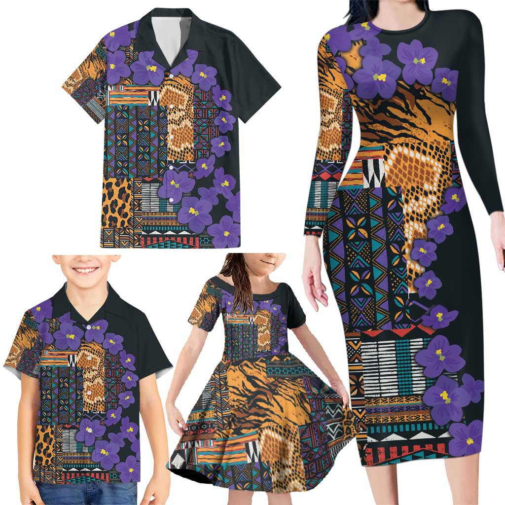 Africa Violets Flowers Family Matching Long Sleeve Bodycon Dress and Hawaiian Shirt Mix Native Tribal Pattern LT9 - Wonder Print Shop