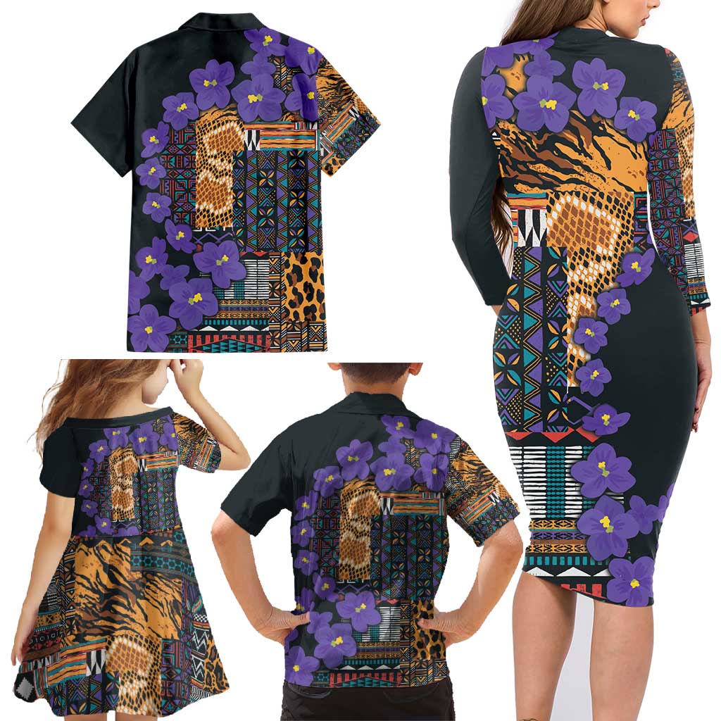 Africa Violets Flowers Family Matching Long Sleeve Bodycon Dress and Hawaiian Shirt Mix Native Tribal Pattern LT9 - Wonder Print Shop
