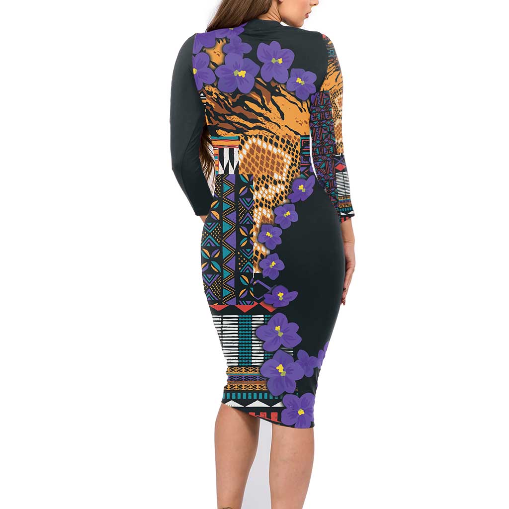Africa Violets Flowers Family Matching Long Sleeve Bodycon Dress and Hawaiian Shirt Mix Native Tribal Pattern LT9 - Wonder Print Shop