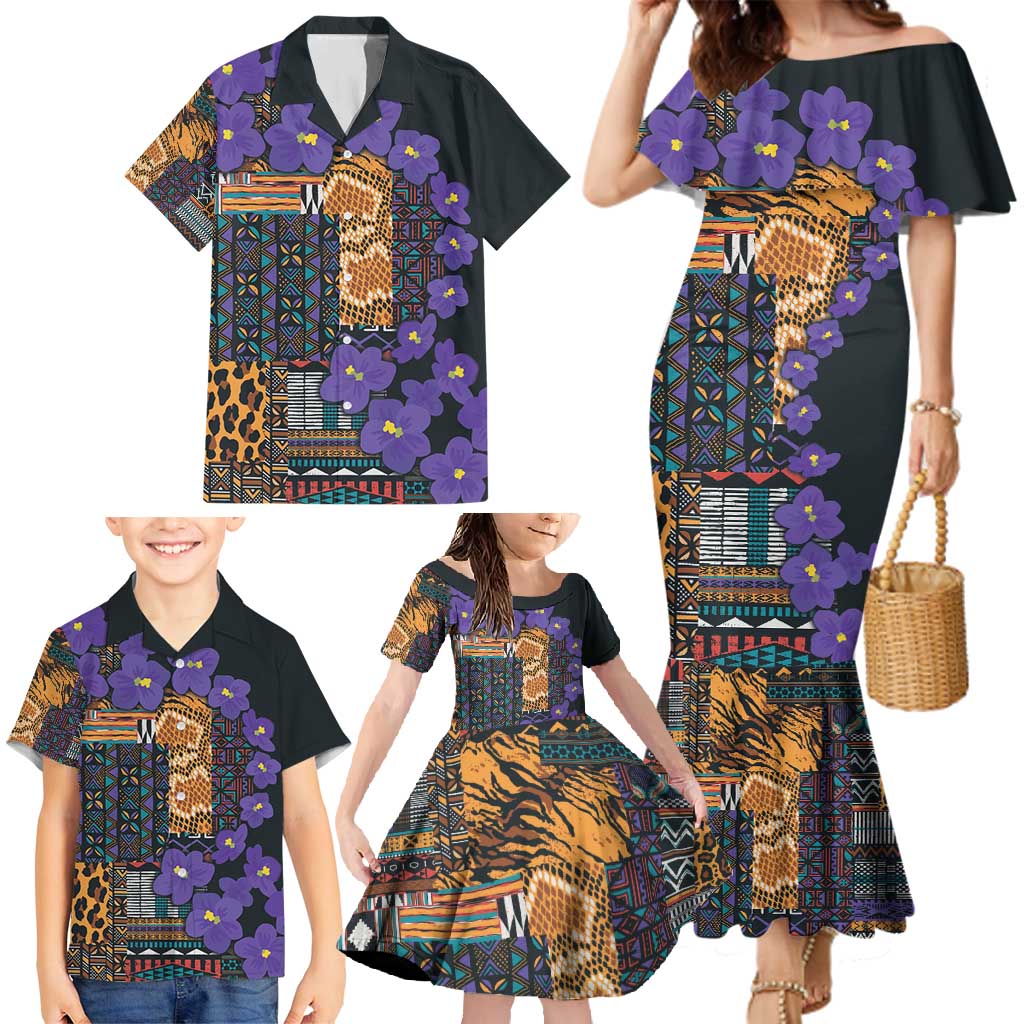Africa Violets Flowers Family Matching Mermaid Dress and Hawaiian Shirt Mix Native Tribal Pattern LT9 - Wonder Print Shop
