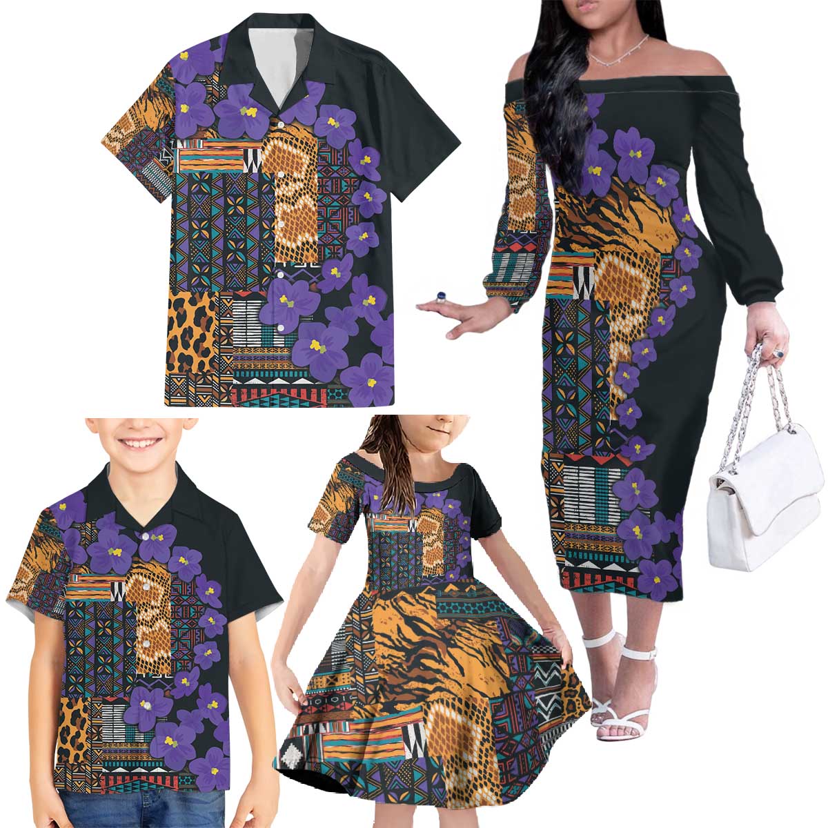 Africa Violets Flowers Family Matching Off The Shoulder Long Sleeve Dress and Hawaiian Shirt Mix Native Tribal Pattern - Wonder Print Shop