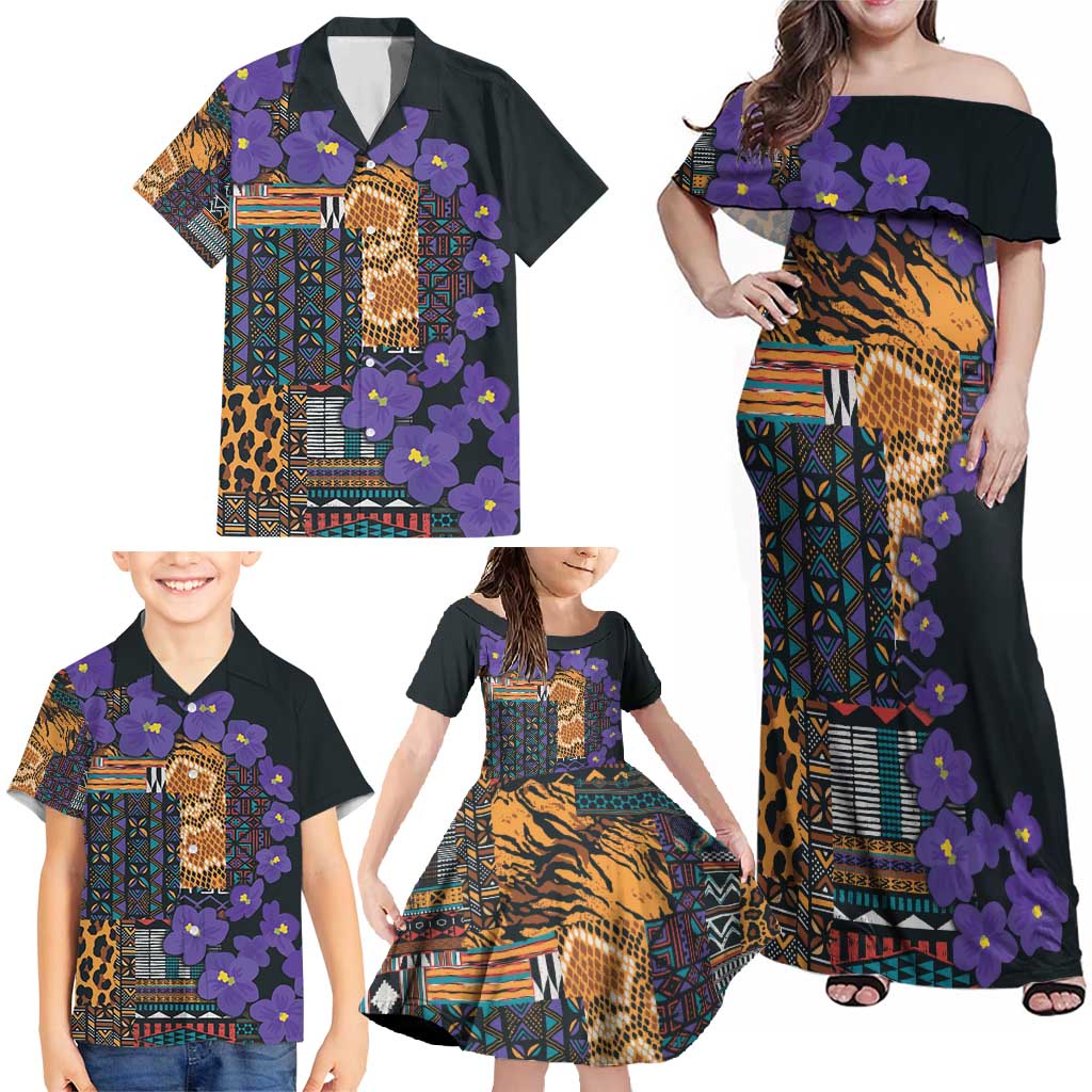 Africa Violets Flowers Family Matching Off Shoulder Maxi Dress and Hawaiian Shirt Mix Native Tribal Pattern LT9 - Wonder Print Shop