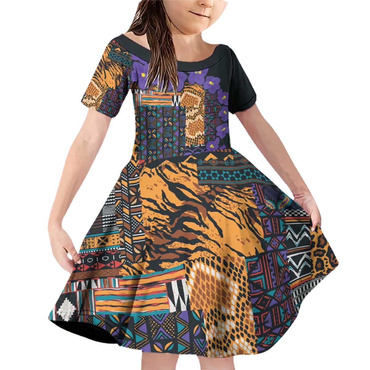 Africa Violets Flowers Family Matching Off Shoulder Short Dress and Hawaiian Shirt Mix Native Tribal Pattern LT9 - Wonder Print Shop