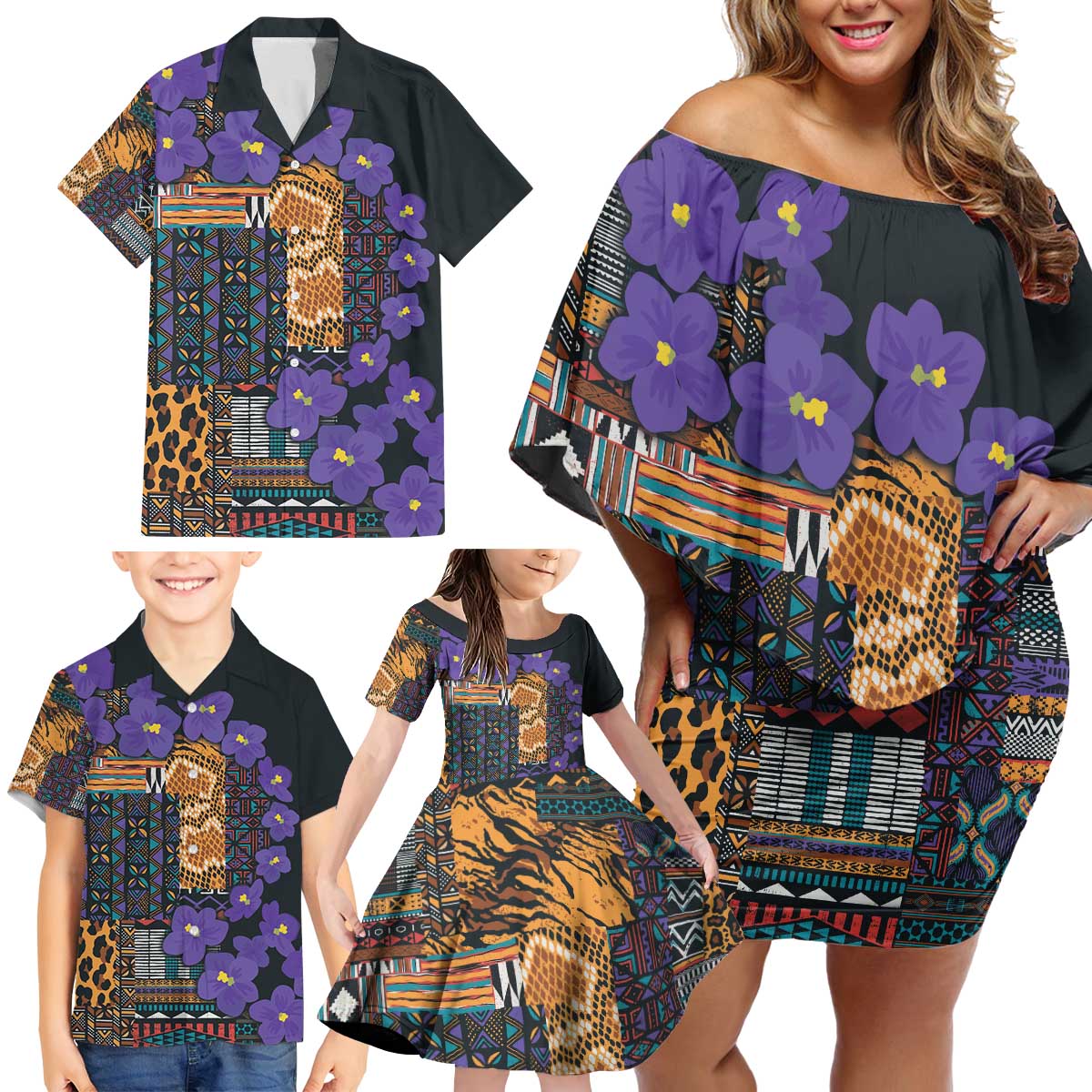Africa Violets Flowers Family Matching Off Shoulder Short Dress and Hawaiian Shirt Mix Native Tribal Pattern LT9 - Wonder Print Shop