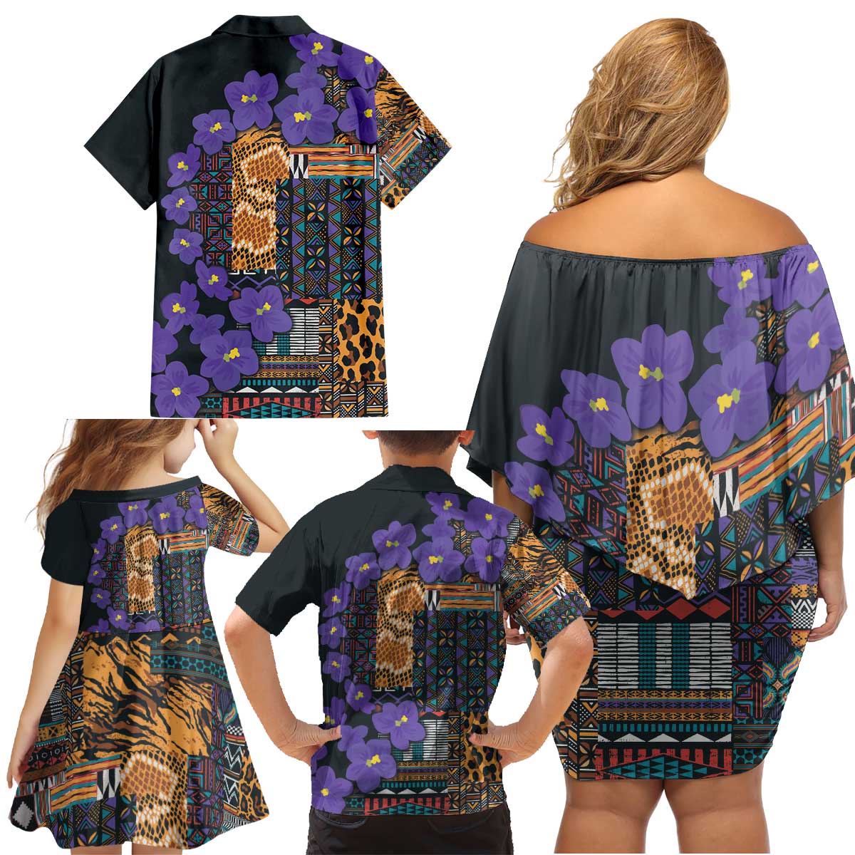 Africa Violets Flowers Family Matching Off Shoulder Short Dress and Hawaiian Shirt Mix Native Tribal Pattern LT9 - Wonder Print Shop
