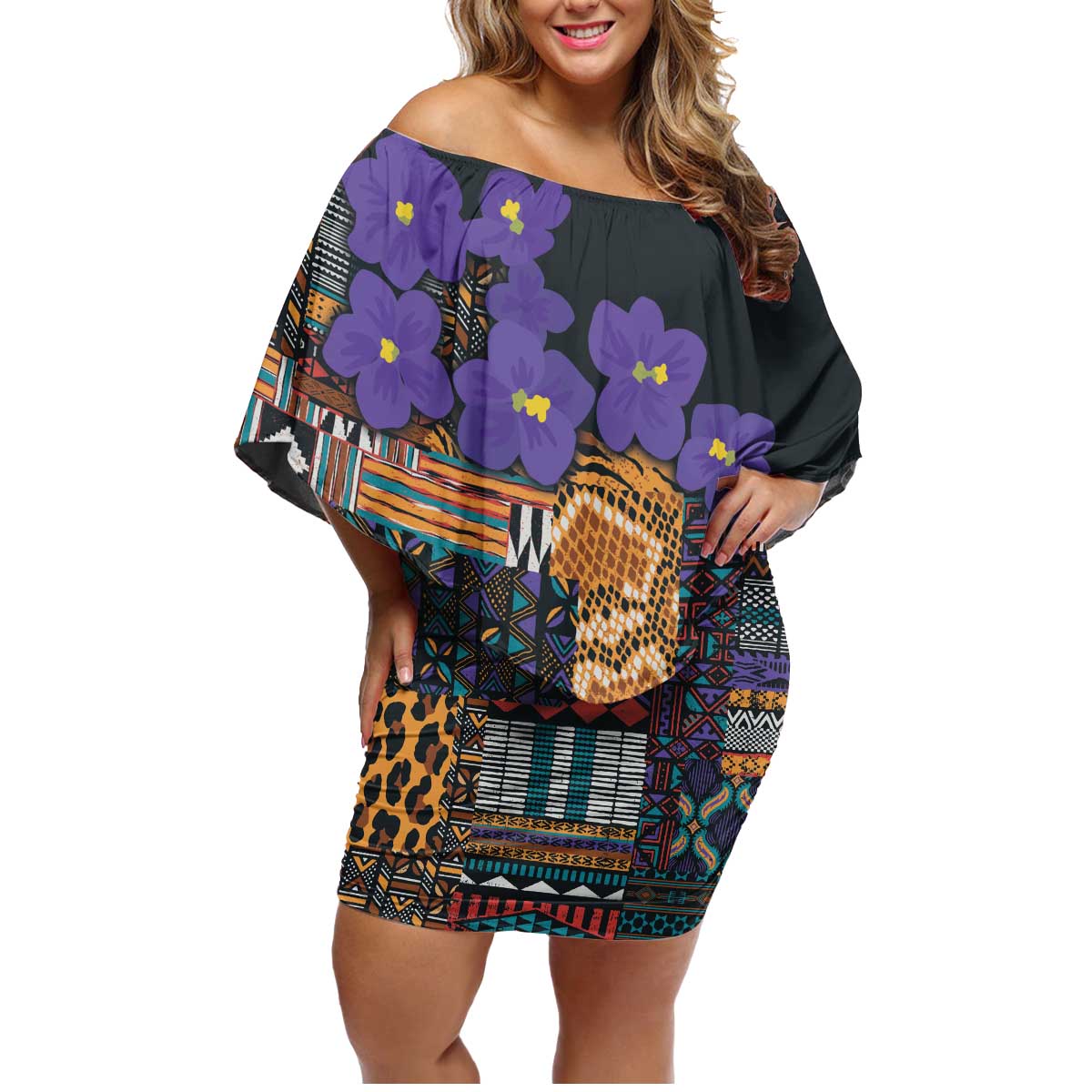 Africa Violets Flowers Family Matching Off Shoulder Short Dress and Hawaiian Shirt Mix Native Tribal Pattern LT9 - Wonder Print Shop