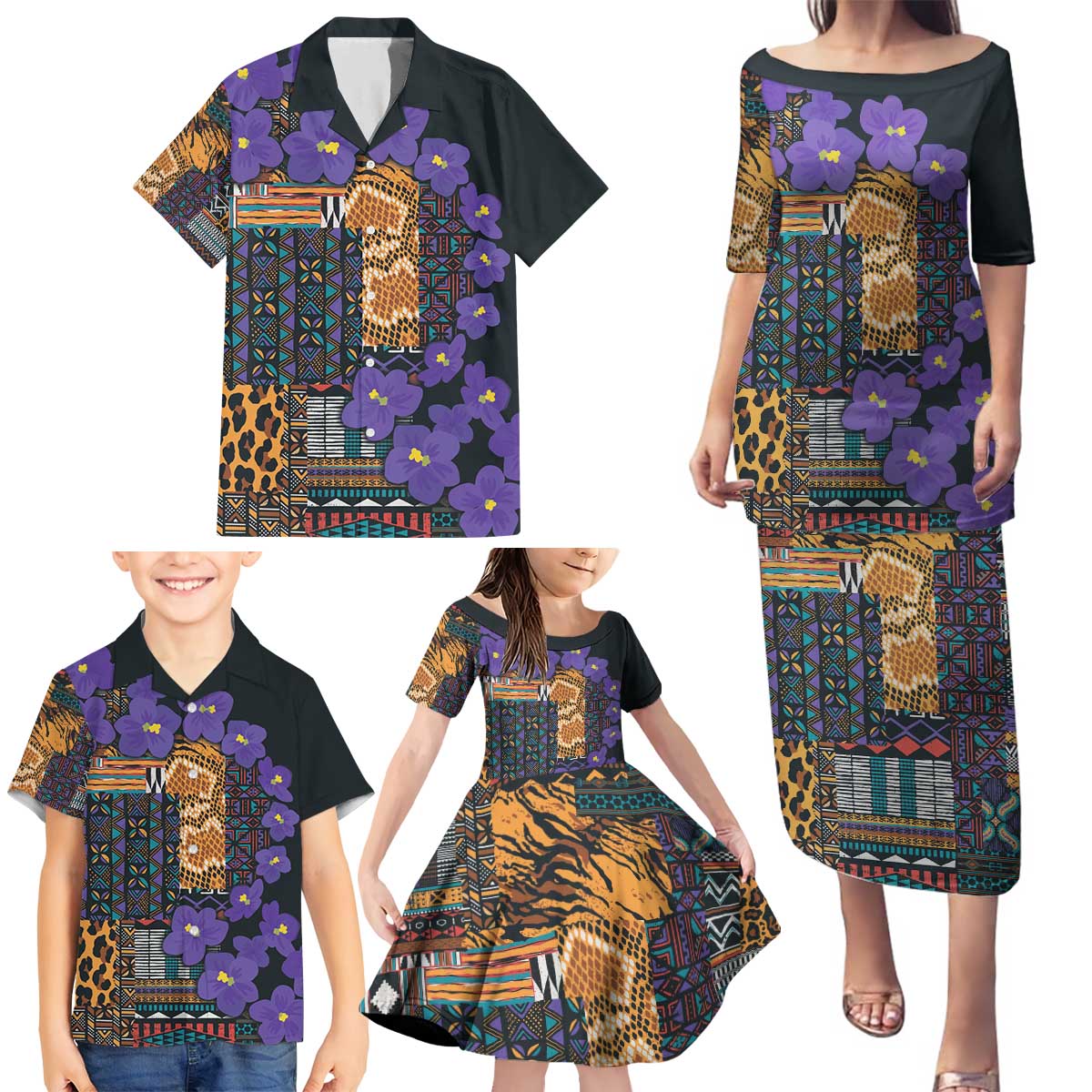 Africa Violets Flowers Family Matching Puletasi and Hawaiian Shirt Mix Native Tribal Pattern - Wonder Print Shop