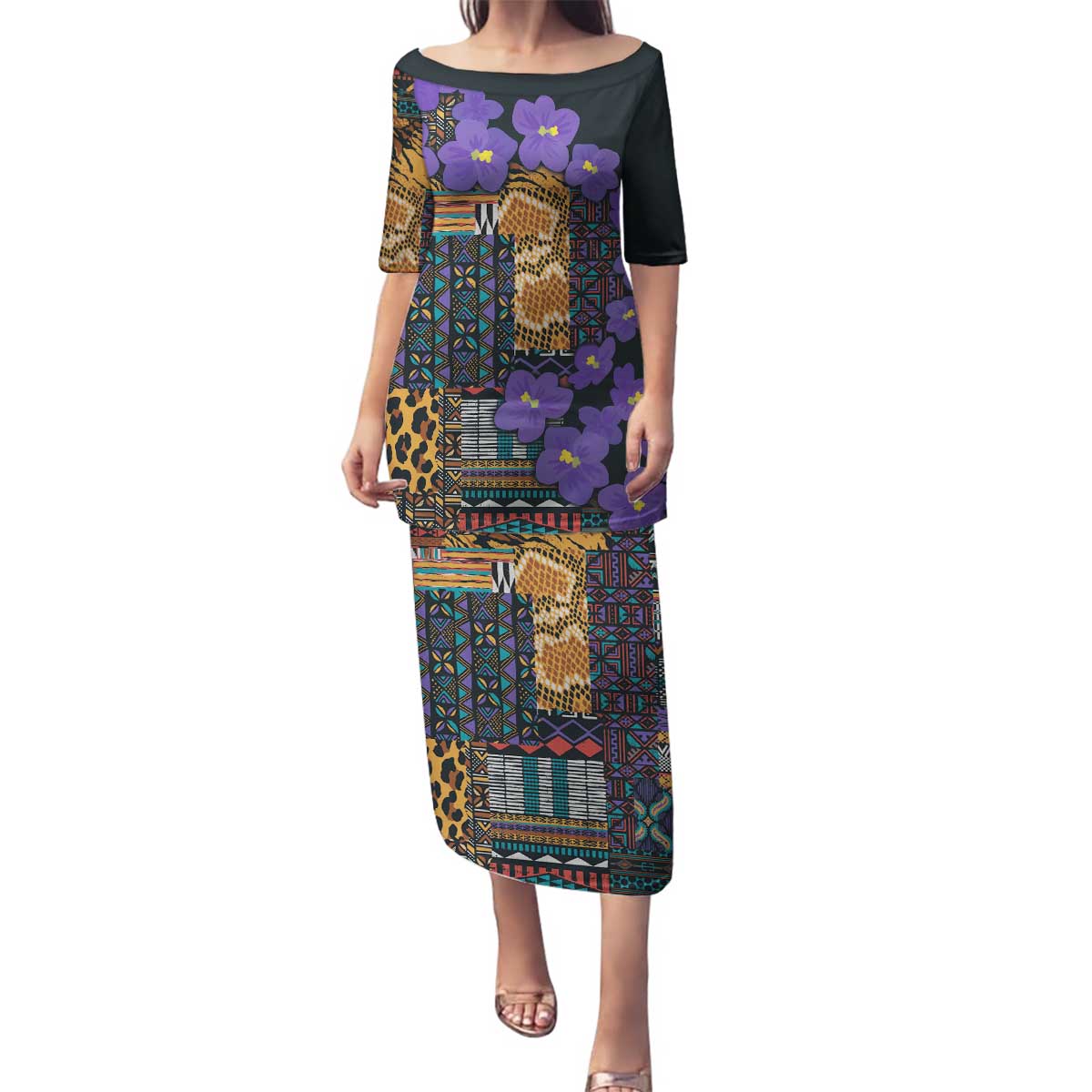 Africa Violets Flowers Family Matching Puletasi and Hawaiian Shirt Mix Native Tribal Pattern - Wonder Print Shop