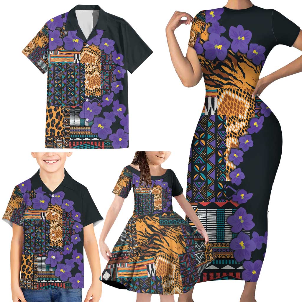 Africa Violets Flowers Family Matching Short Sleeve Bodycon Dress and Hawaiian Shirt Mix Native Tribal Pattern - Wonder Print Shop