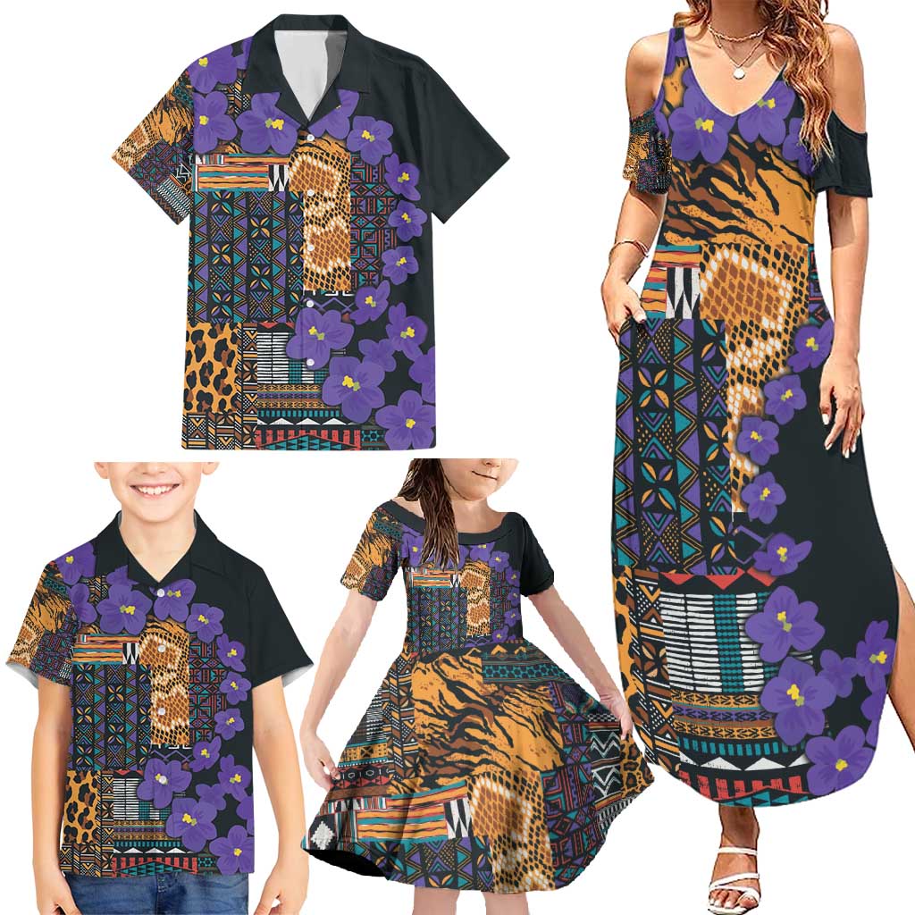 Africa Violets Flowers Family Matching Summer Maxi Dress and Hawaiian Shirt Mix Native Tribal Pattern - Wonder Print Shop