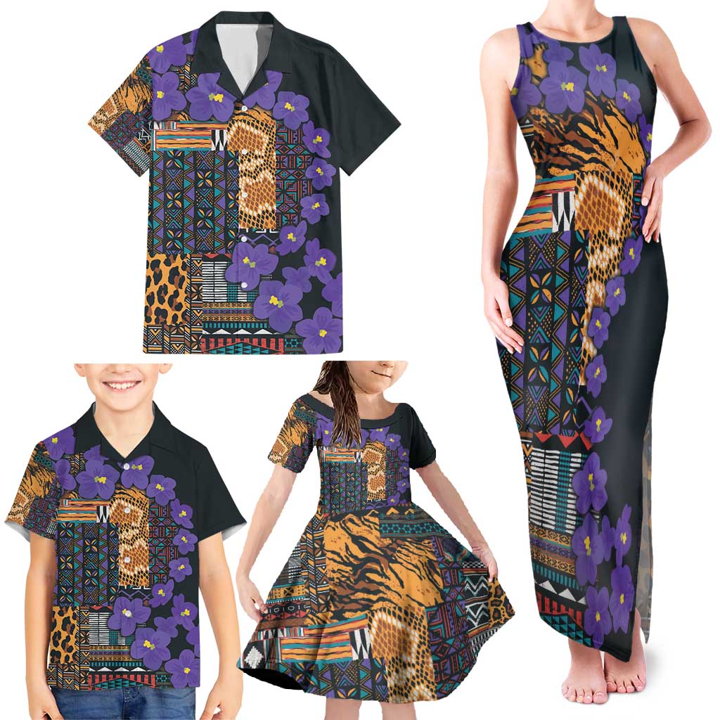 Africa Violets Flowers Family Matching Tank Maxi Dress and Hawaiian Shirt Mix Native Tribal Pattern - Wonder Print Shop