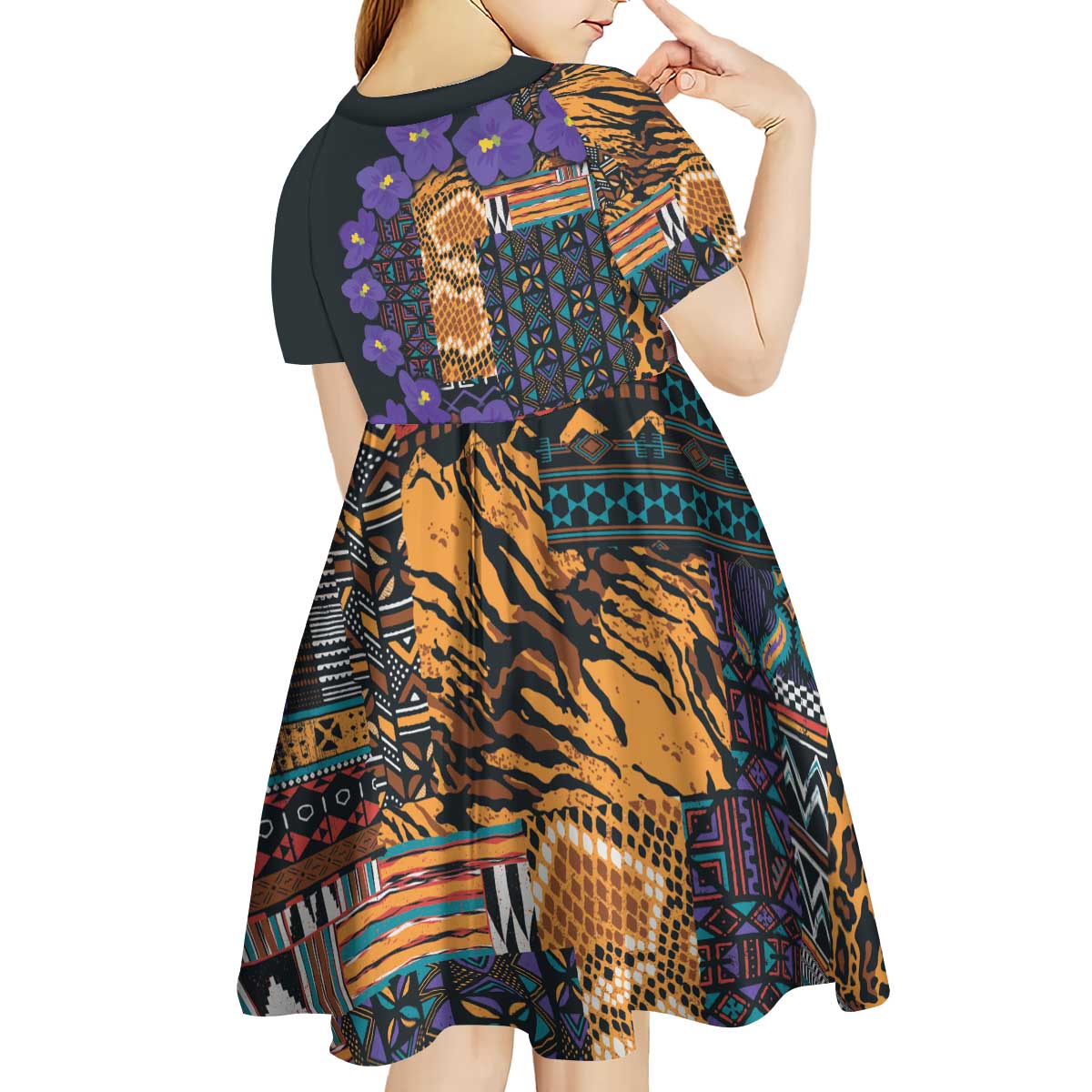 Africa Violets Flowers Kid Short Sleeve Dress Mix Native Tribal Pattern - Wonder Print Shop