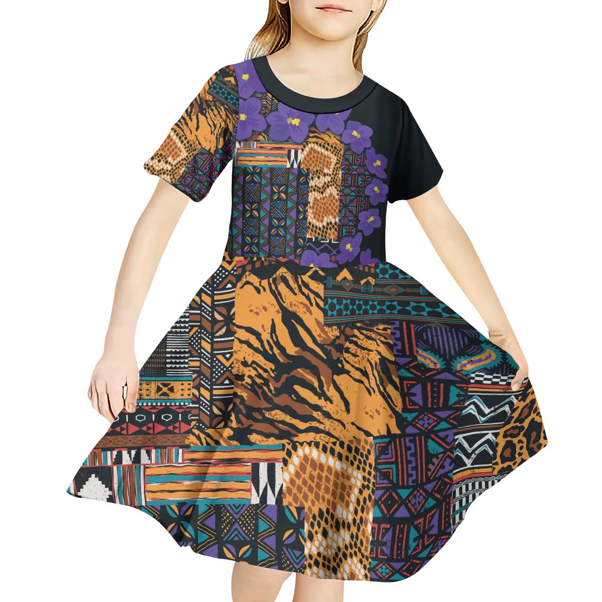Africa Violets Flowers Kid Short Sleeve Dress Mix Native Tribal Pattern - Wonder Print Shop