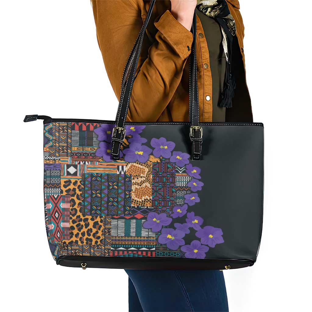 Africa Violets Flowers Leather Tote Bag Mix Native Tribal Pattern - Wonder Print Shop