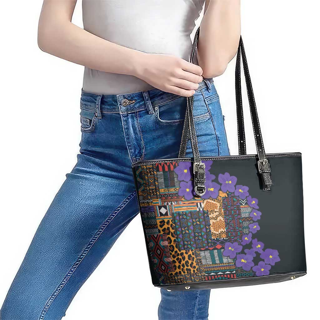 Africa Violets Flowers Leather Tote Bag Mix Native Tribal Pattern - Wonder Print Shop