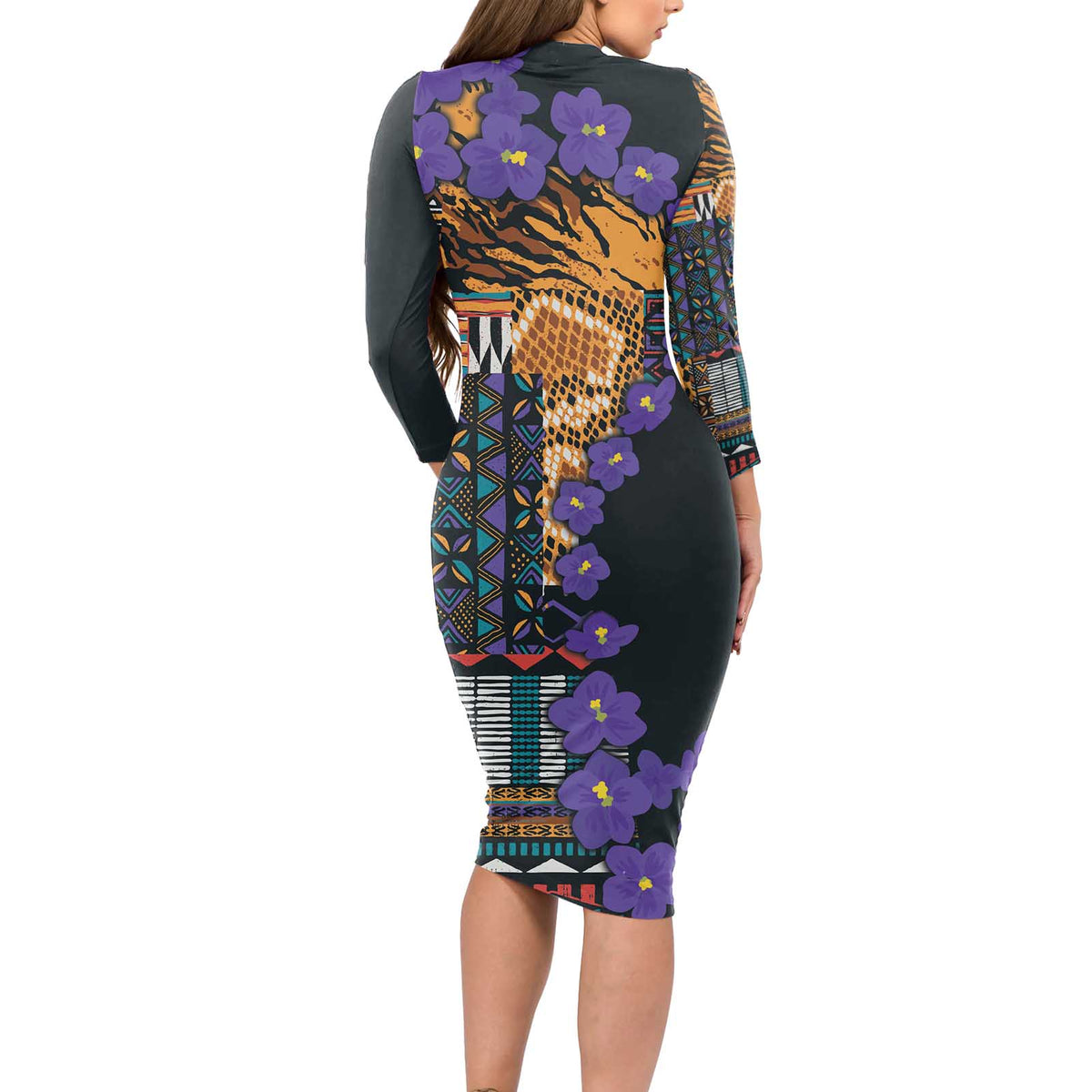 Africa Violets Flowers Long Sleeve Bodycon Dress Mix Native Tribal Pattern - Wonder Print Shop
