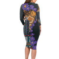 Africa Violets Flowers Long Sleeve Bodycon Dress Mix Native Tribal Pattern - Wonder Print Shop