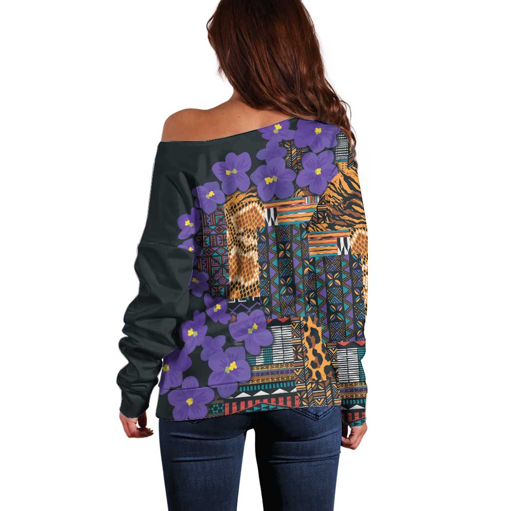 Africa Violets Flowers Off Shoulder Sweater Mix Native Tribal Pattern - Wonder Print Shop