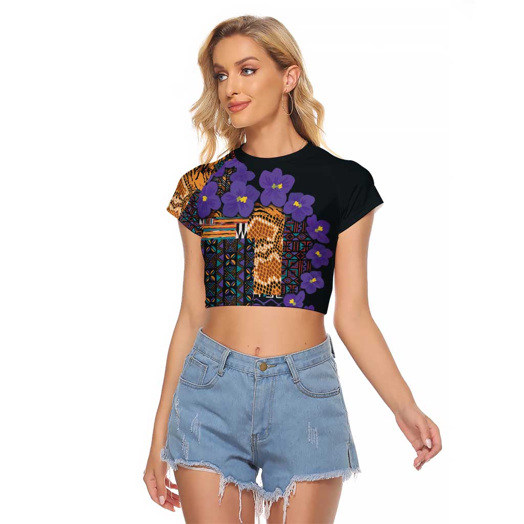 Africa Violets Flowers Raglan Cropped T Shirt Mix Native Tribal Pattern - Wonder Print Shop